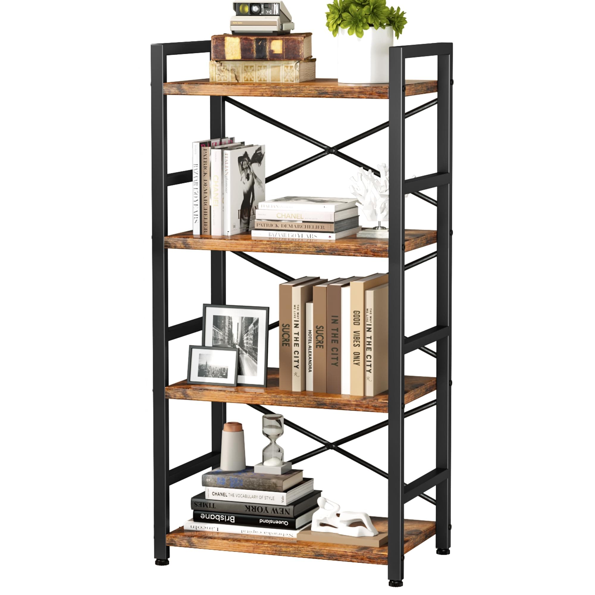 Rustic Brown 4 Tier Bookshelf for Living Room, Bedroom, Home Office