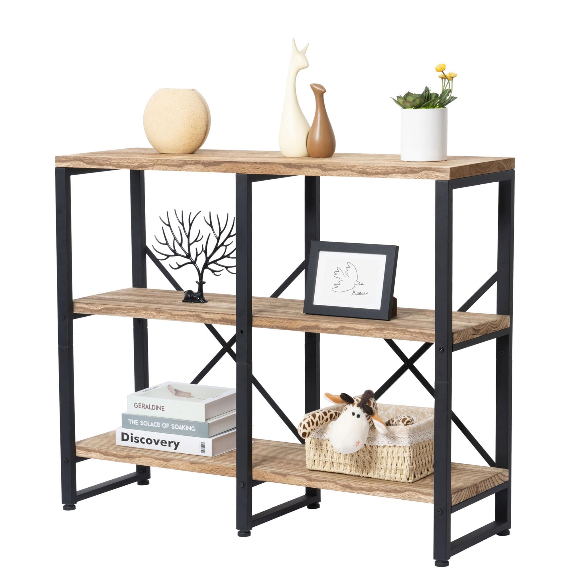 Rustic Industrial 3 Tier Wooden Bookshelf for Home Office