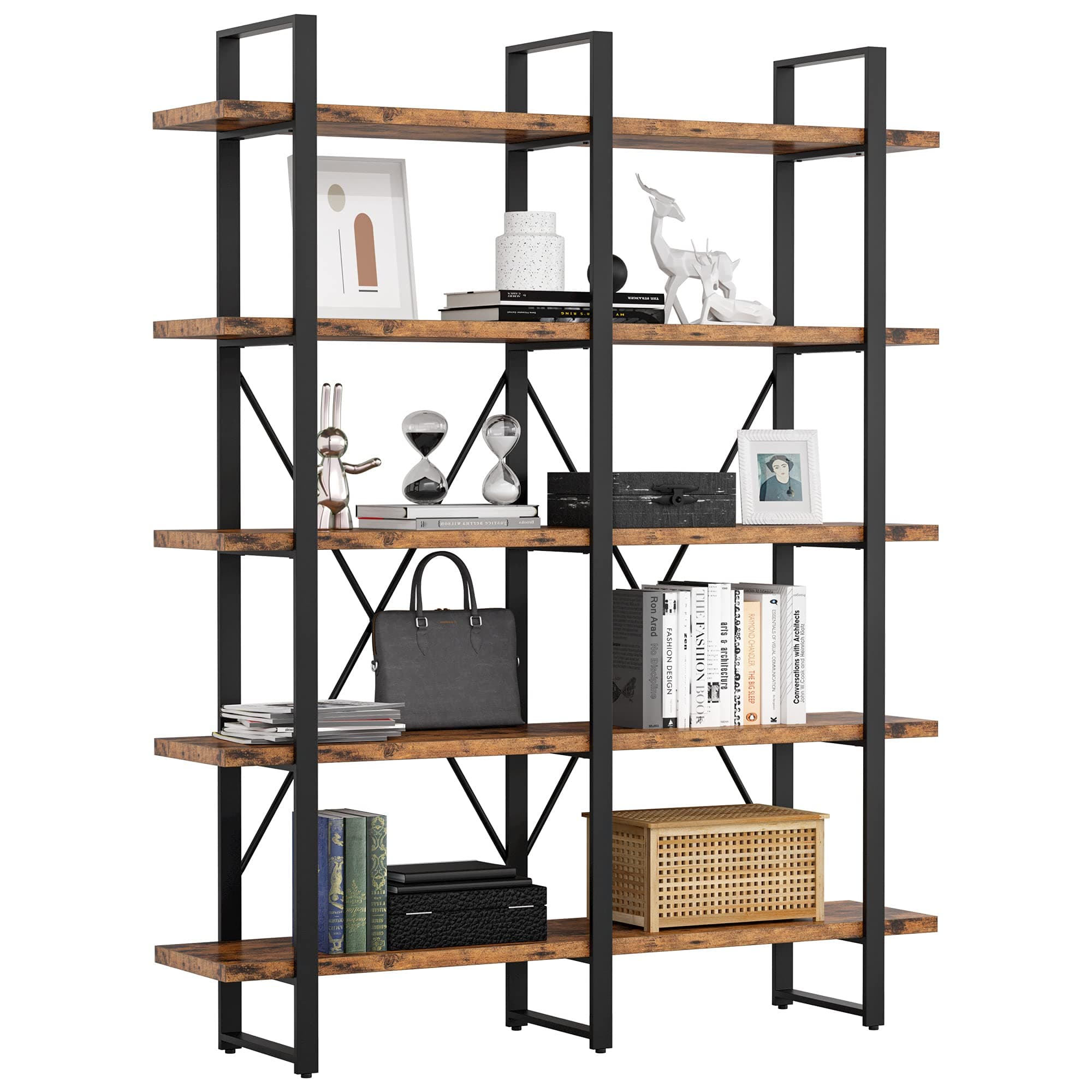 IRONCK Double Wide 5 Tier Wood & Metal Bookshelf, Large Open Shelves, Home Office Furniture, Easy Assembly