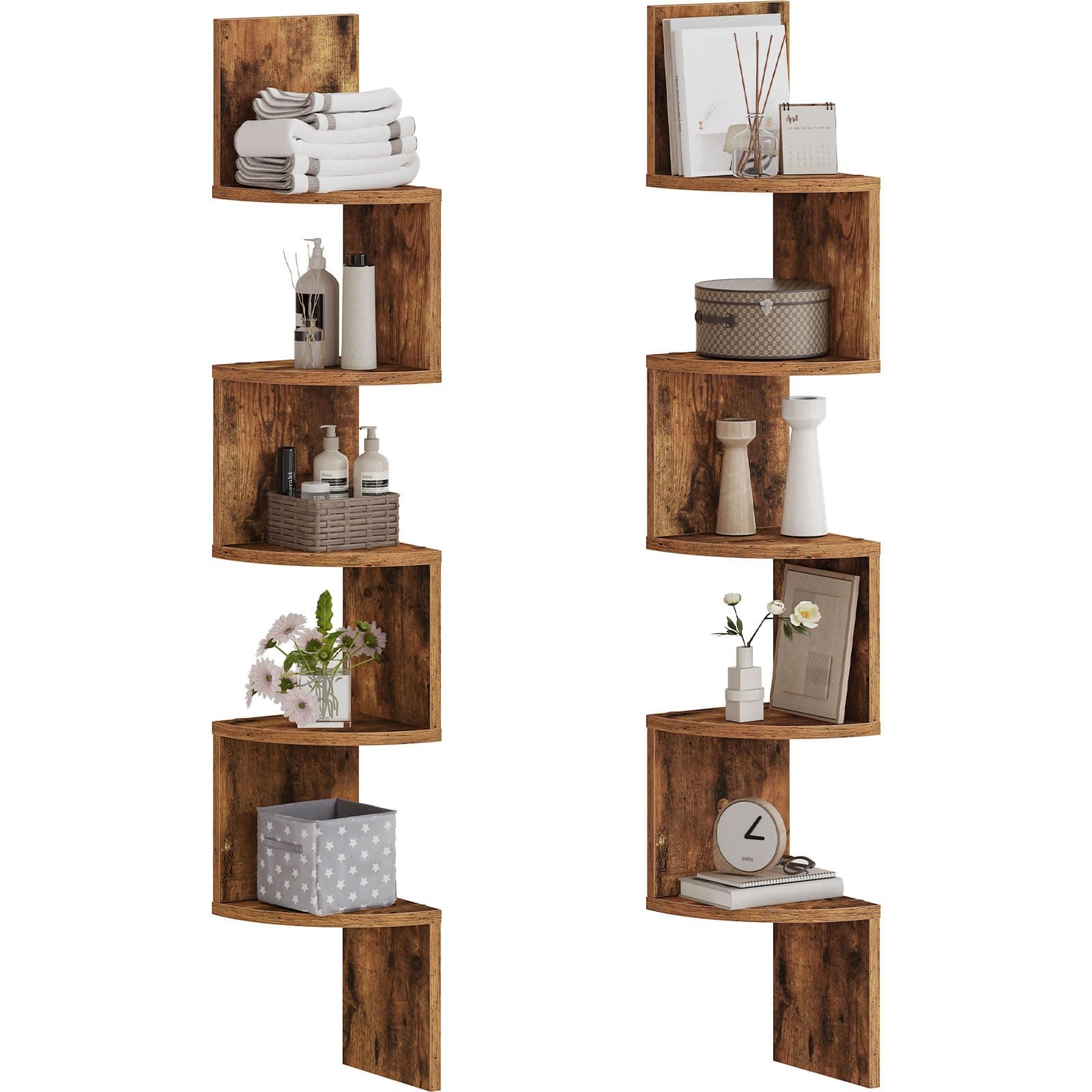 HOOBRO 5-Tier Rustic Brown Floating Corner Shelves for Living Room, Bedroom & More
