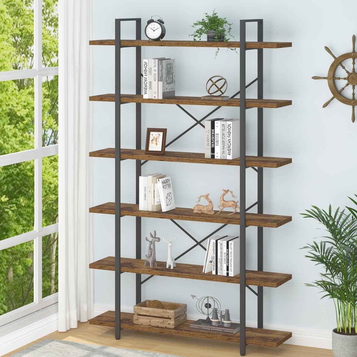 HSH Industrial Modern 6 Shelf Tall Bookcase, Rustic Brown for Living Room & Office