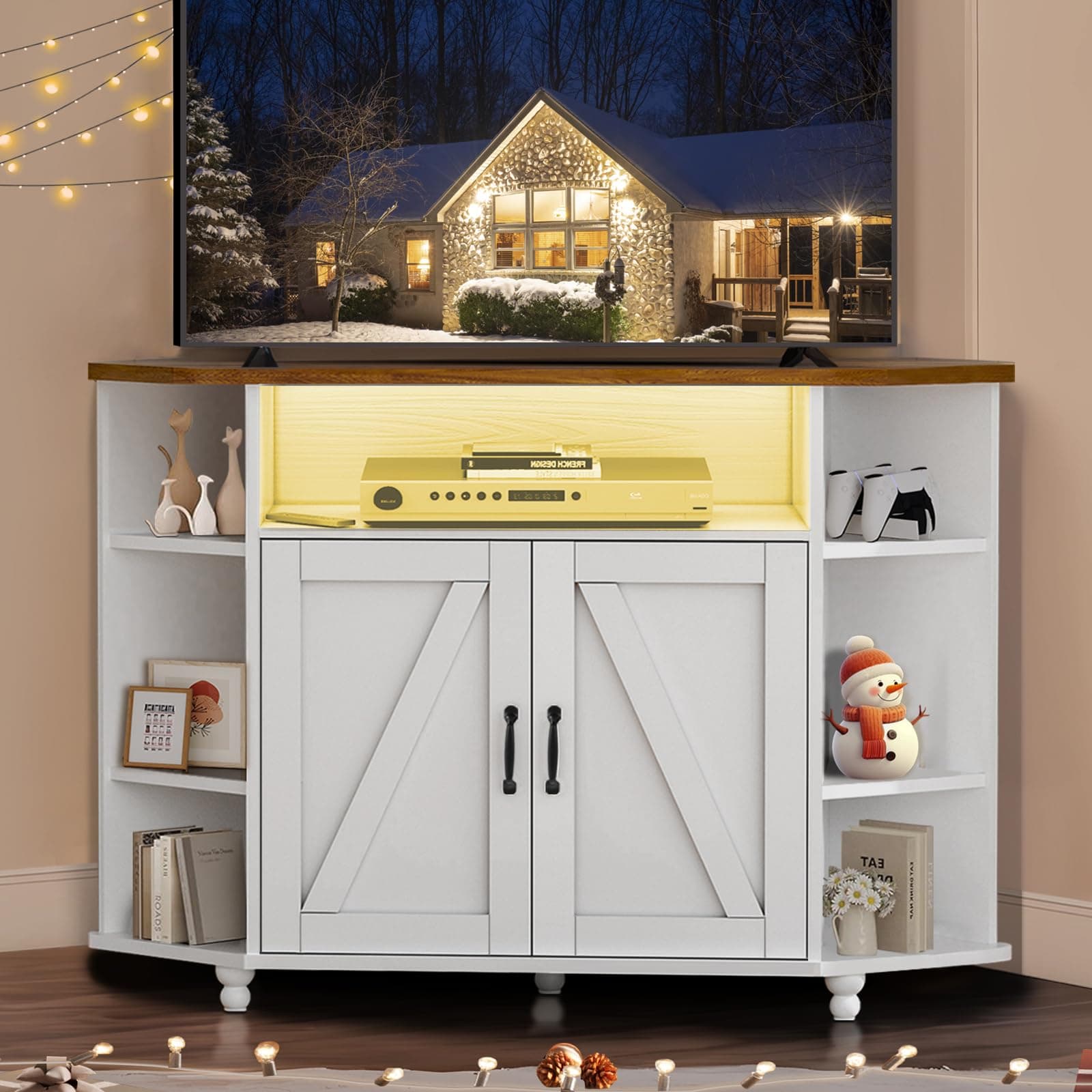 4 EVER WINNER 55-Inch Corner TV Stand with LED Lights and Adjustable Shelves, Farmhouse Style with Barn Doors, White