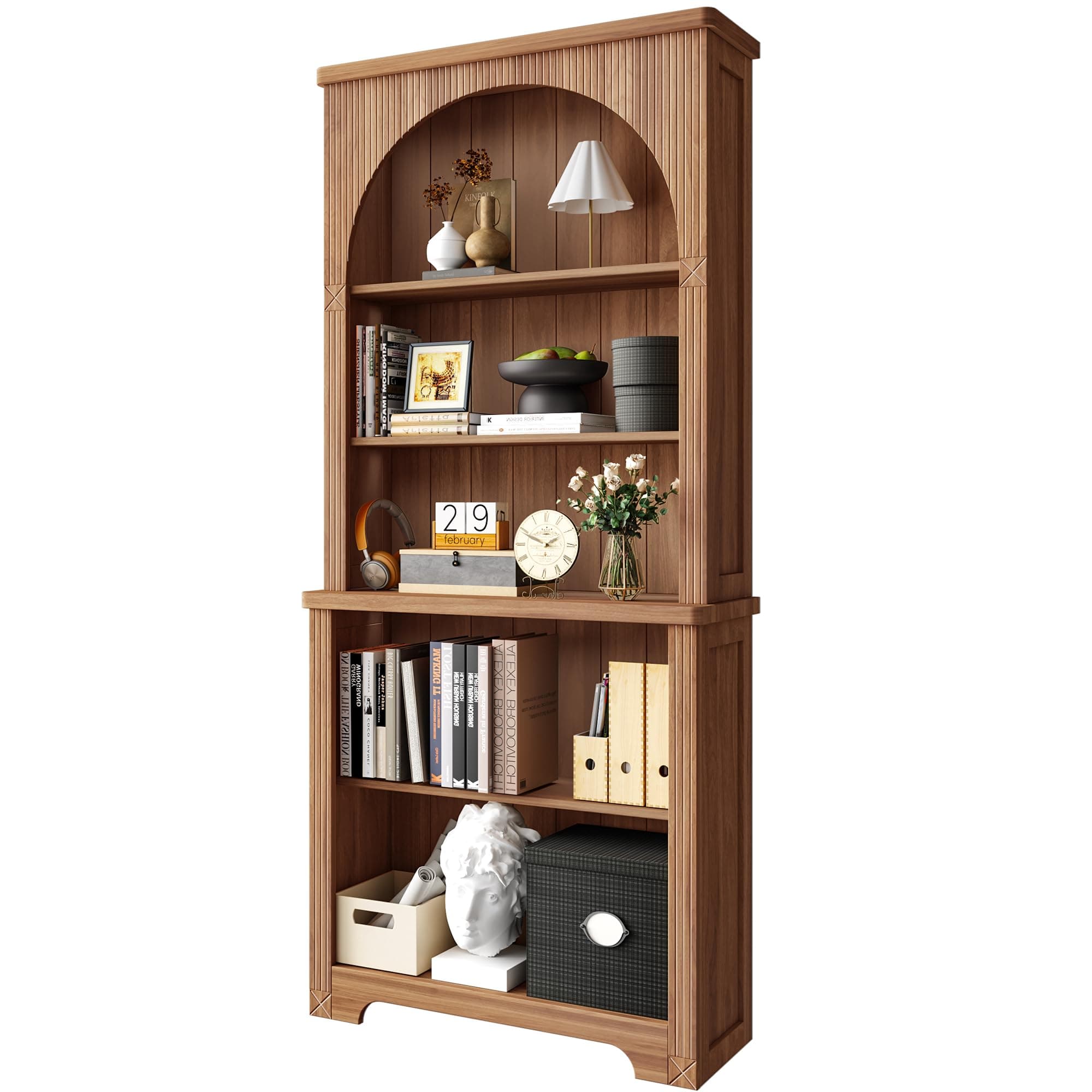 71" Tall Arched Bookshelf with Adjustable Shelves for Living Room and Home Office