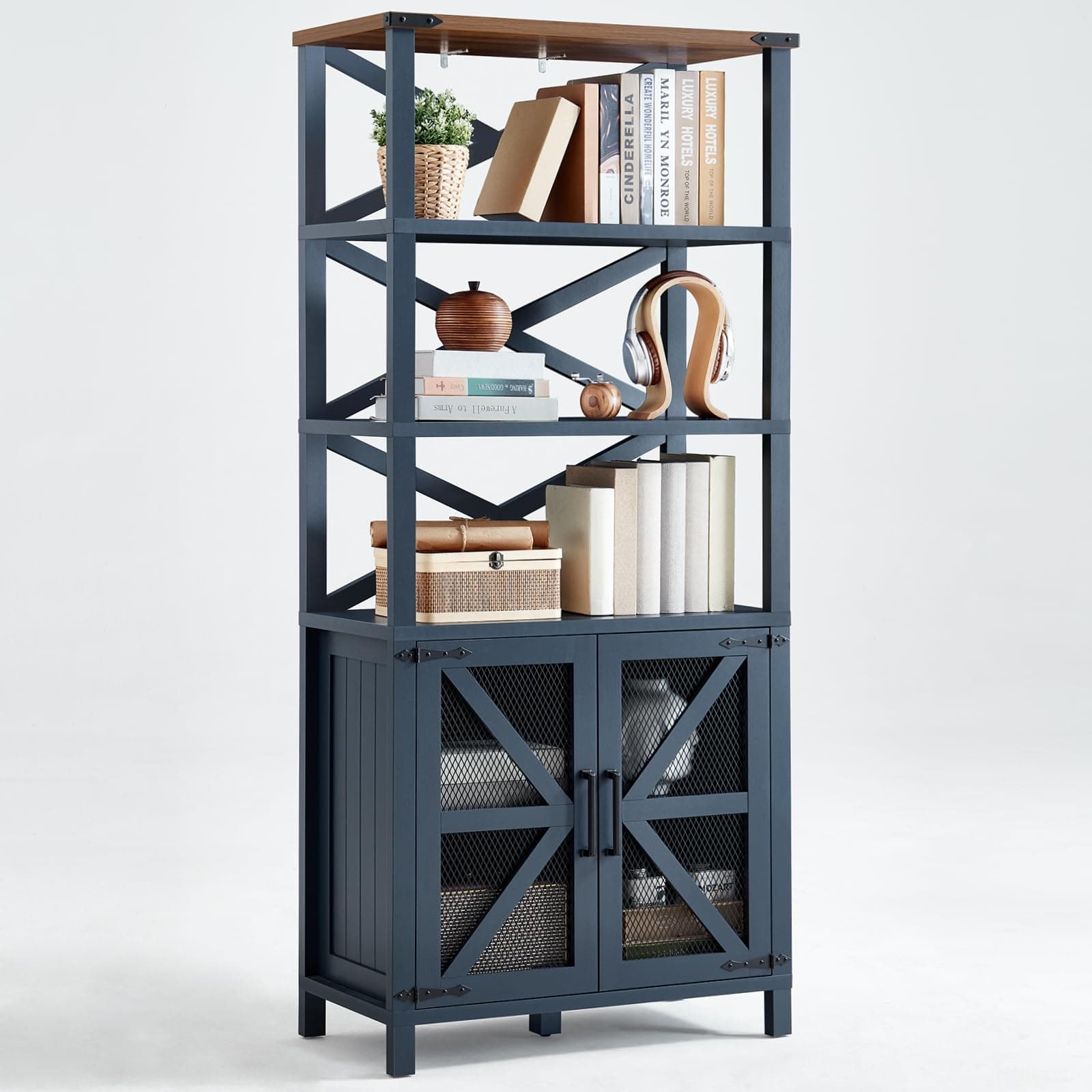 Navy Blue 5 Tier 70" Tall Barn Door Bookshelf for Living Room and Kitchen