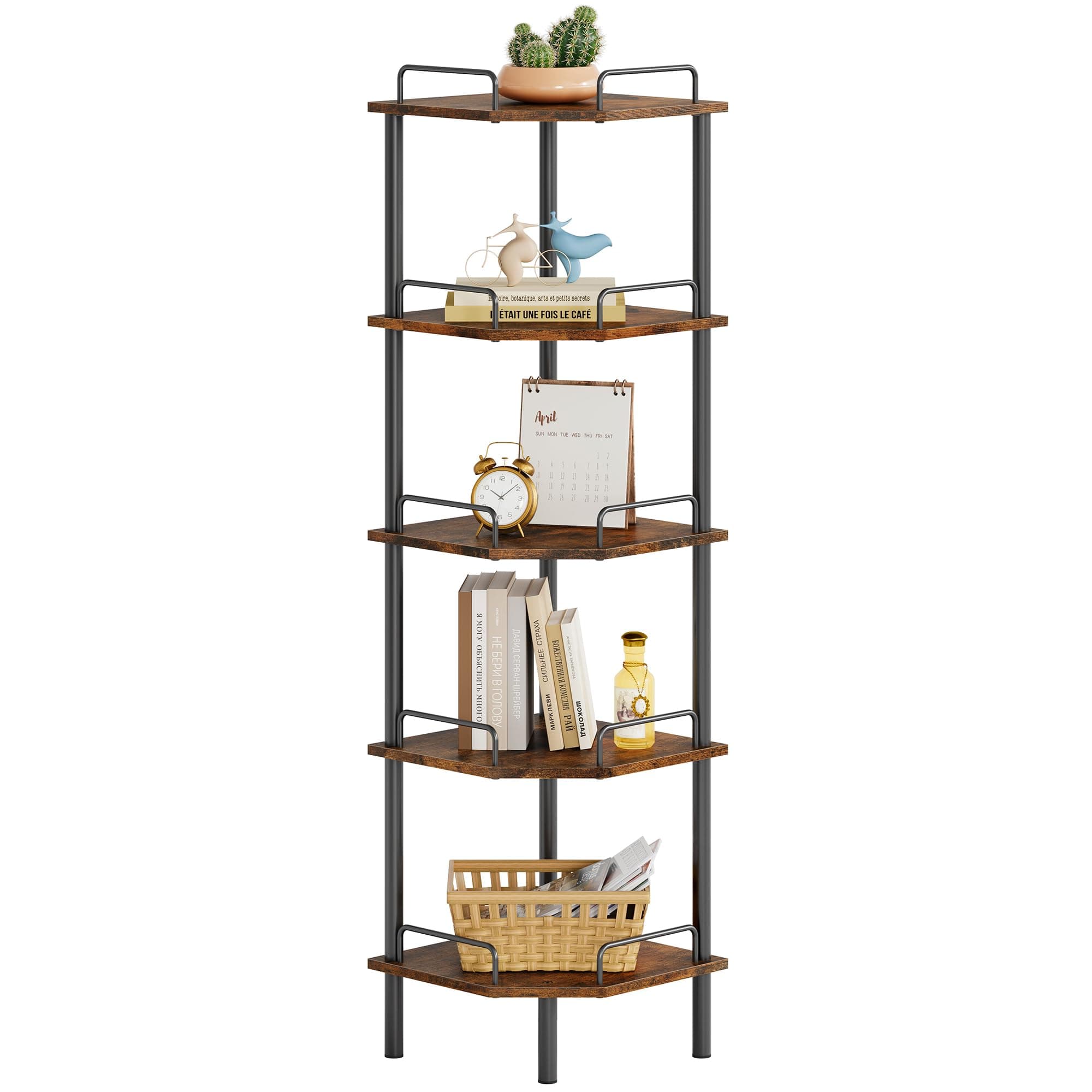 Tajsoon 5-Tier Industrial Corner Shelf, Rustic Brown, Multi-Purpose Stand