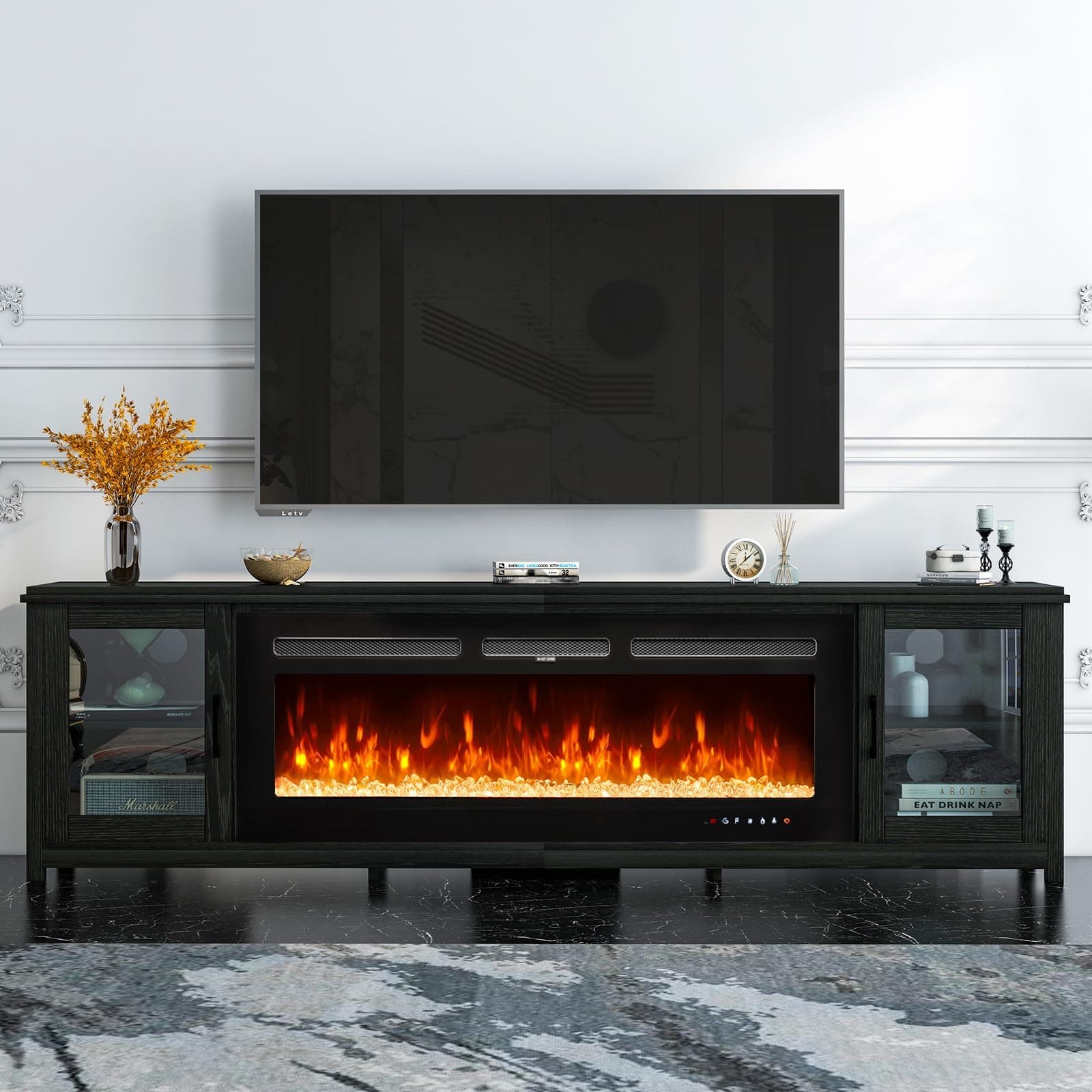 OneinMil 80" Fireplace TV Stand, 50 Inch Electric Fireplace, Modern Entertainment Center, Black