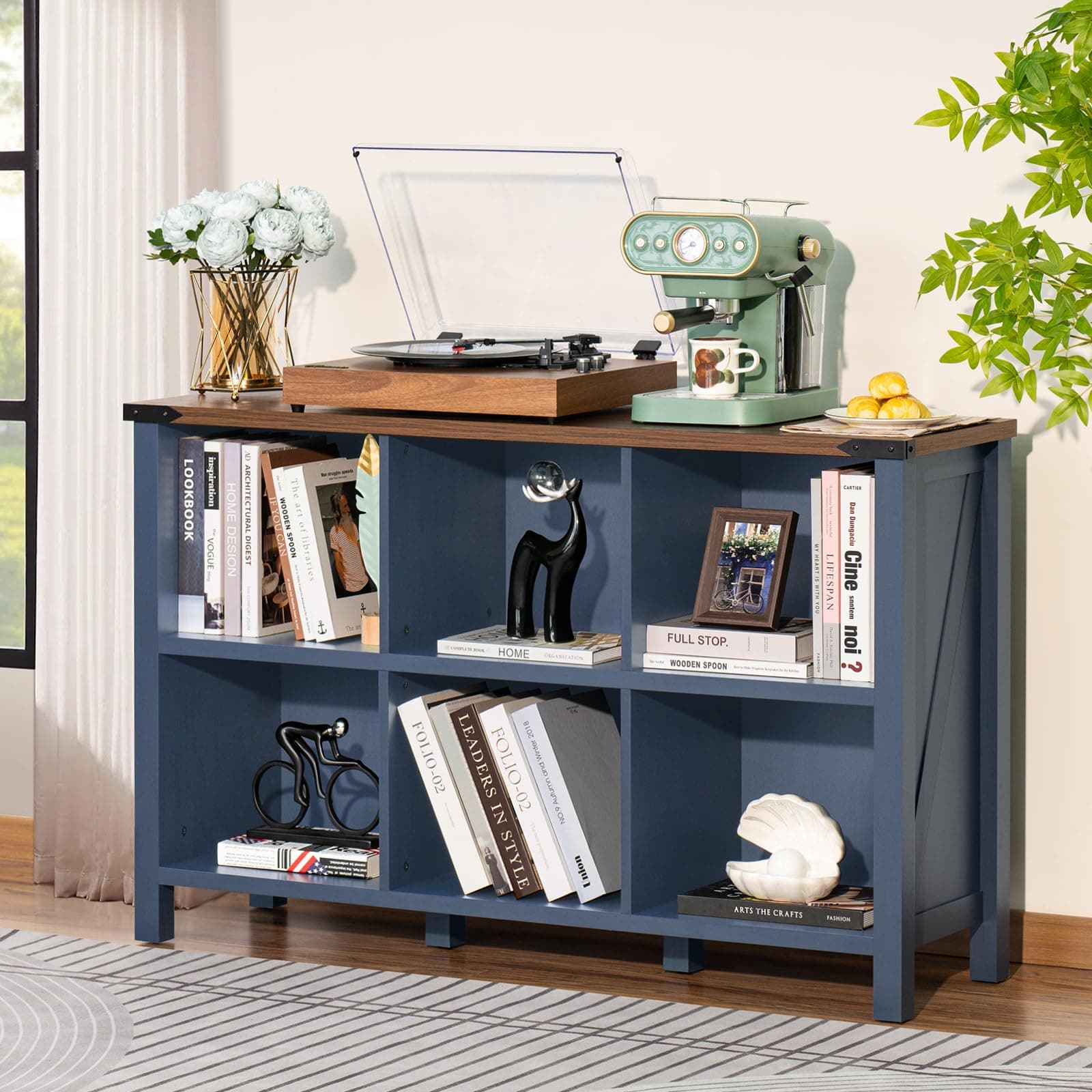 Navy Blue 47" Cube Bookcase with Legs for Entryway and Living Room