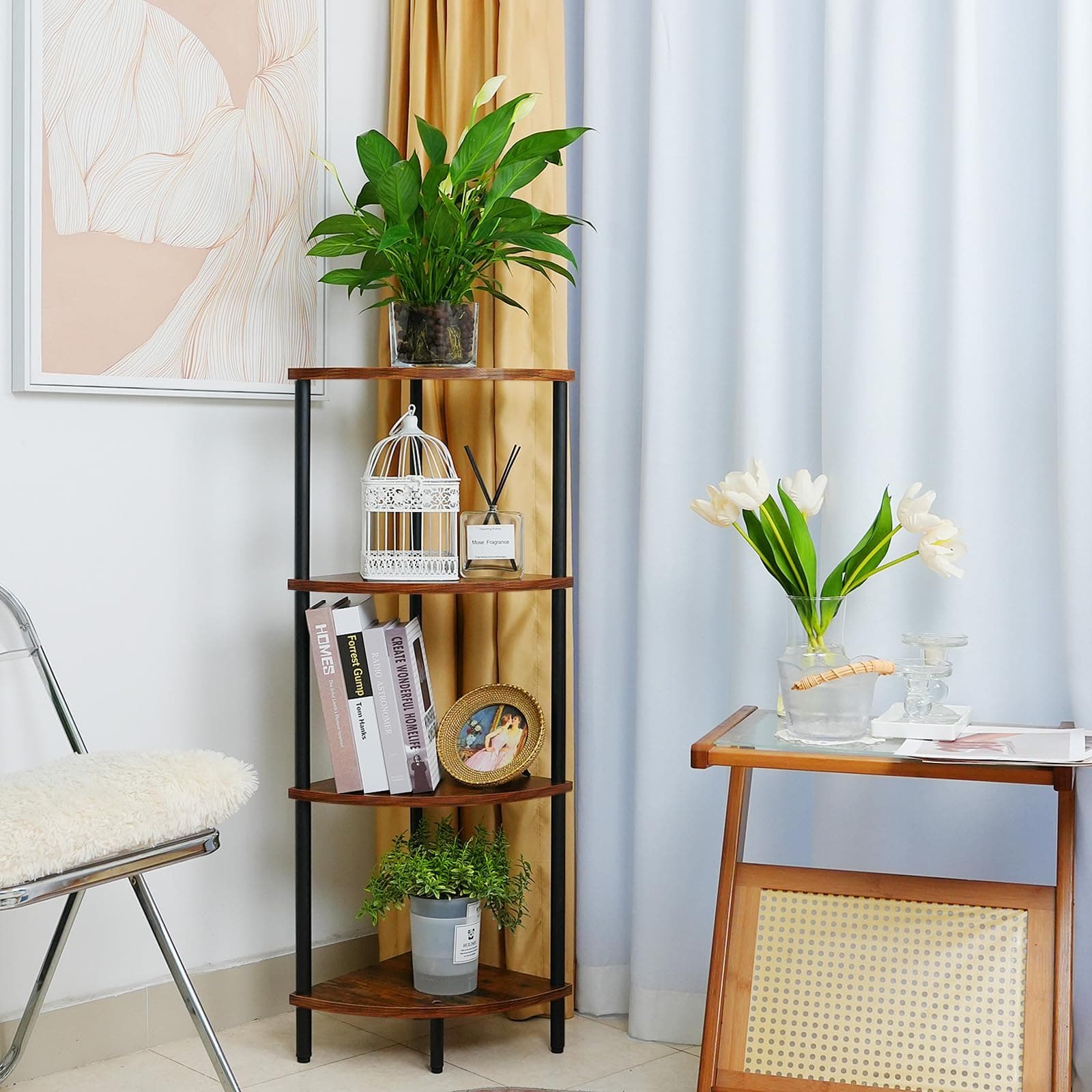 4-Tier Brown Corner Storage Shelf for Small Spaces