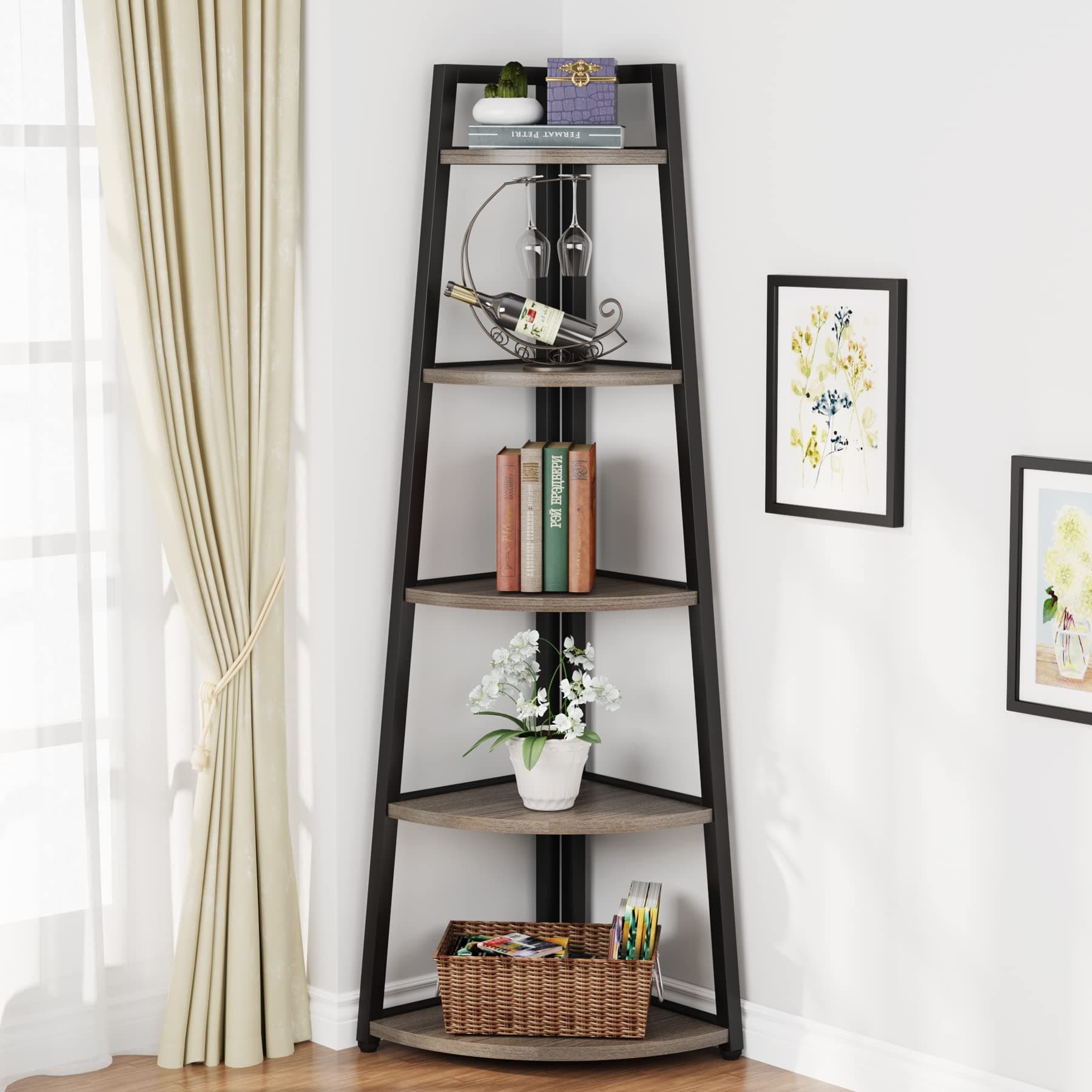 Tribesigns Grey 5 Tier Industrial Corner Ladder Shelf, 70 Inch Tall, Ideal for Living Room, Kitchen, Home Office