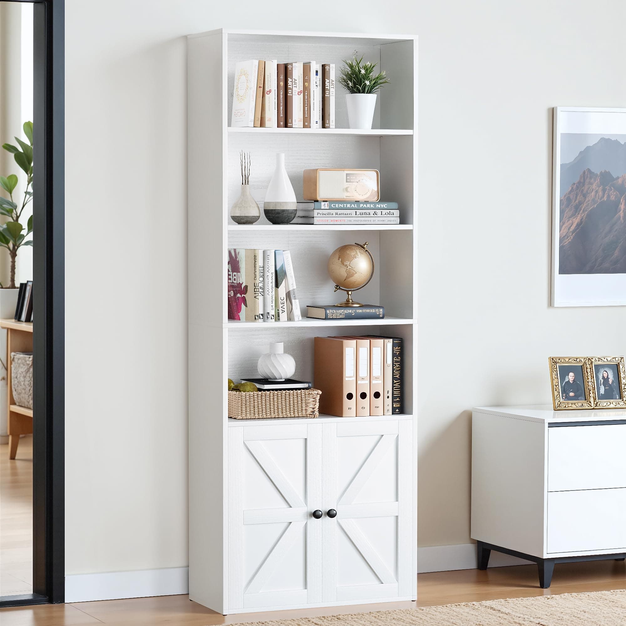YESHOMY 72" Tall Bookshelf with Doors & 6-Tier Storage, White