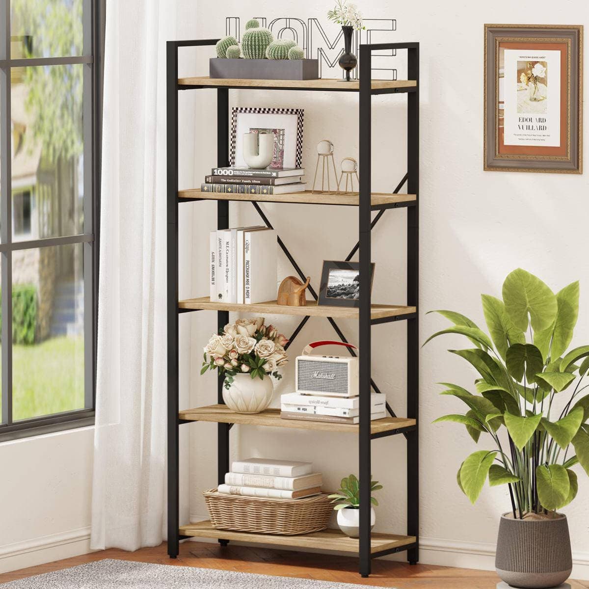 FATORRI Rustic Oak 5 Tier Bookshelf