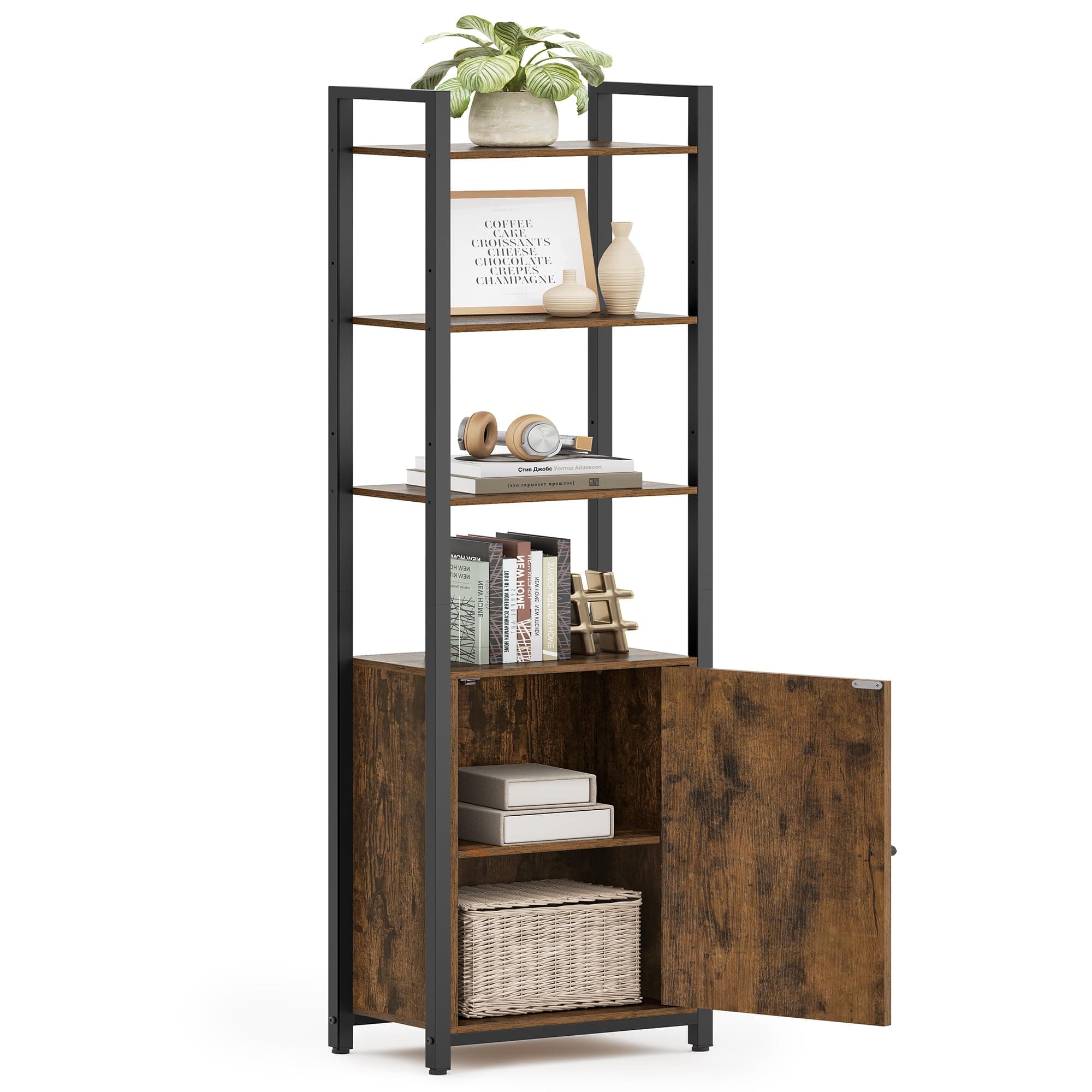 VASAGLE 6-Tier Tall Bookcase with Door, Rustic Brown & Ink Black