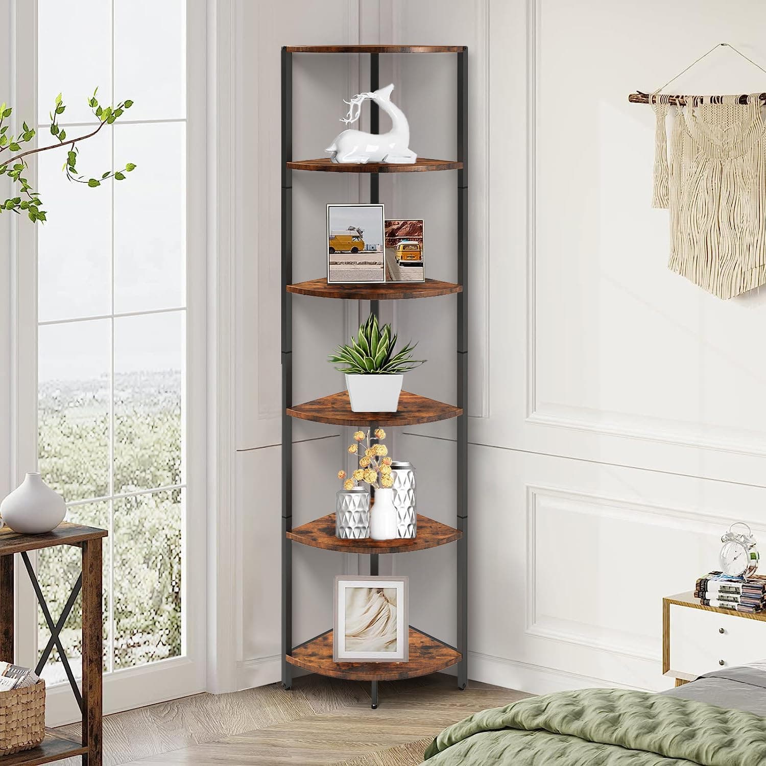 Industrial 6 Tier Corner Shelf: 63.1 Tall Rustic Bookcase for Living Room or Bedroom