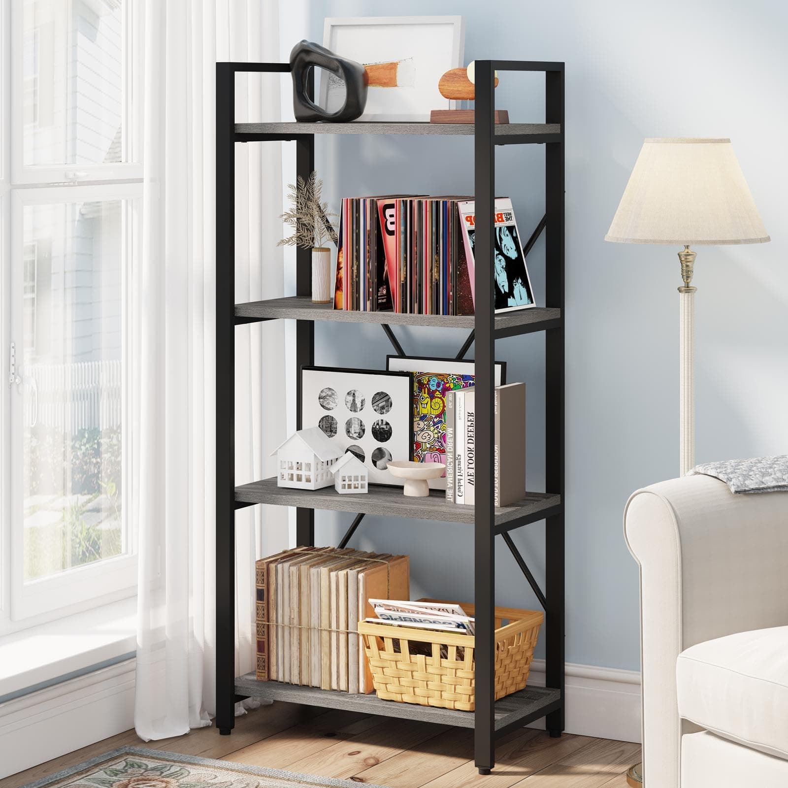 BON AUGURE Dark Gray Oak 4 Tier Bookshelf for Living Room & Office