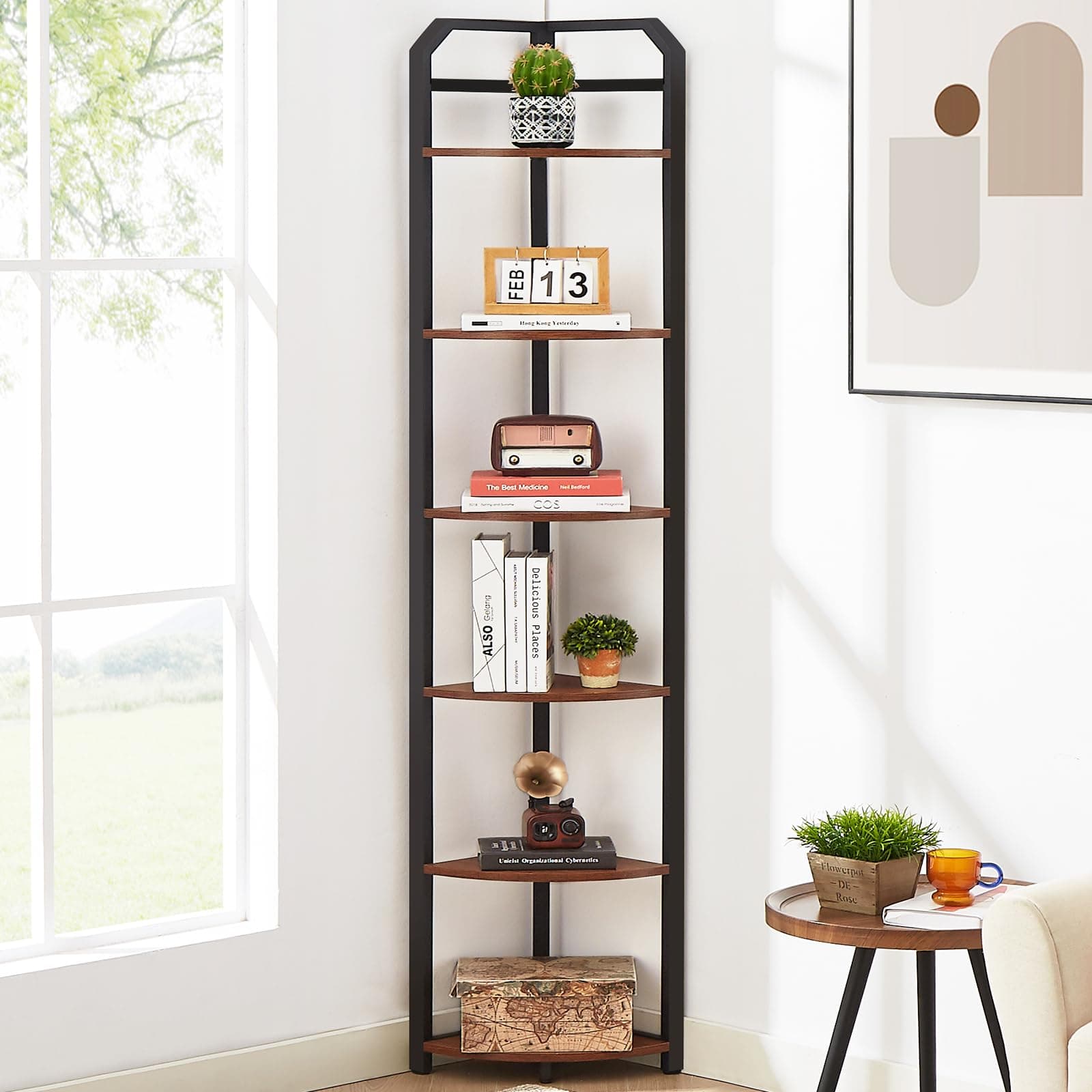 6-Tier Industrial Brown Corner Bookshelf for Home Office & Living Room