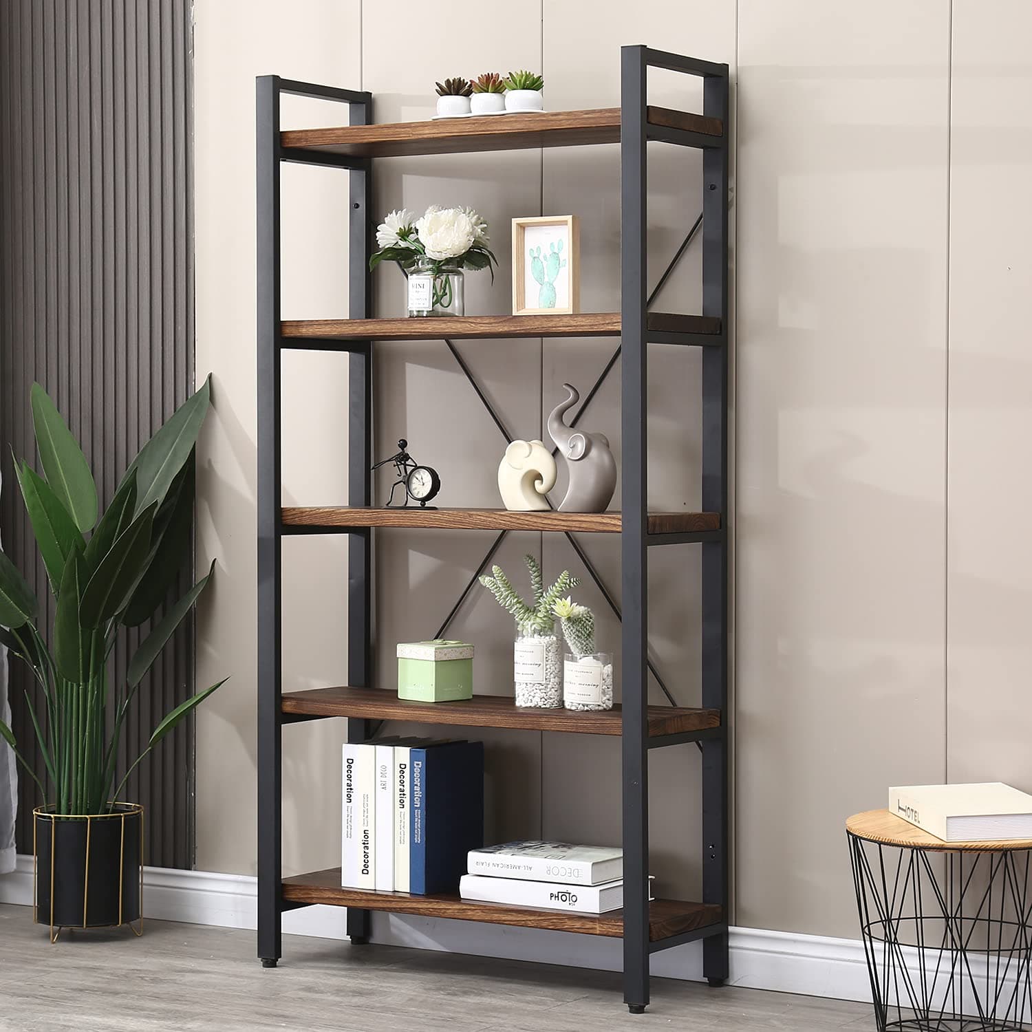 Vintage Industrial 5-Tier Bookcase, Real Wood and Metal (5-Tiers)