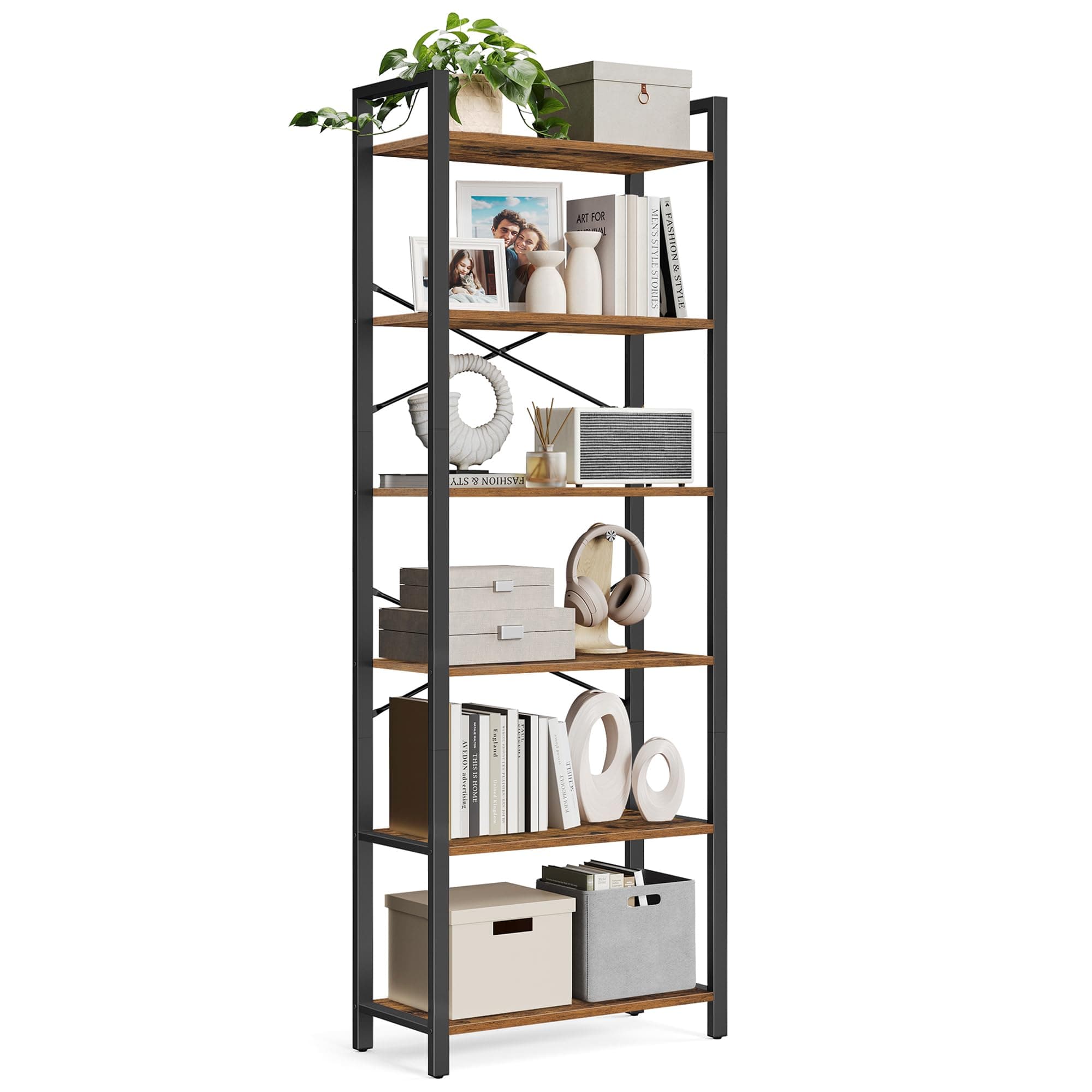 VASAGLE 6-Tier Industrial Bookshelf, Rustic Brown and Ink Black ULLS062B01