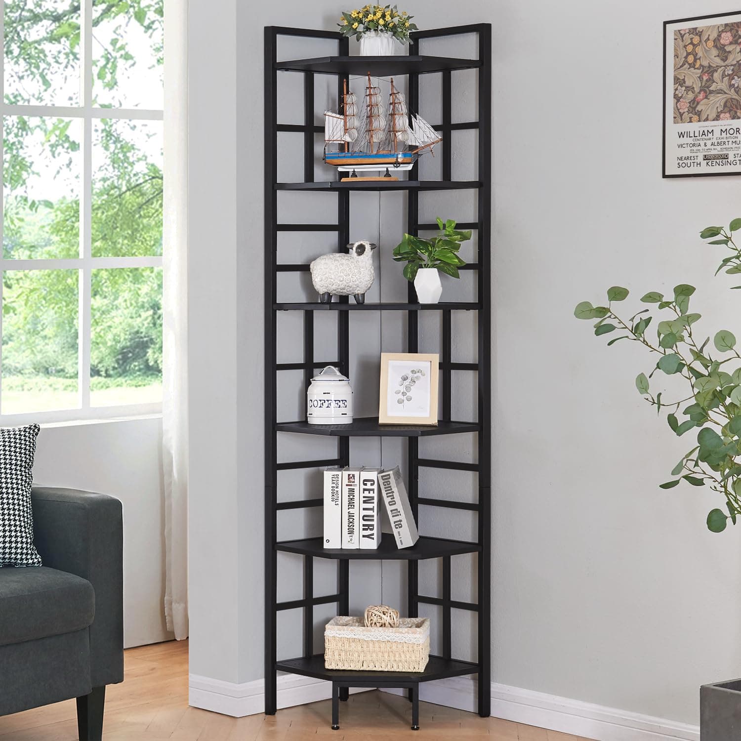 Industrial Corner Shelf Stand for Home Office, Living Room, and Bedroom