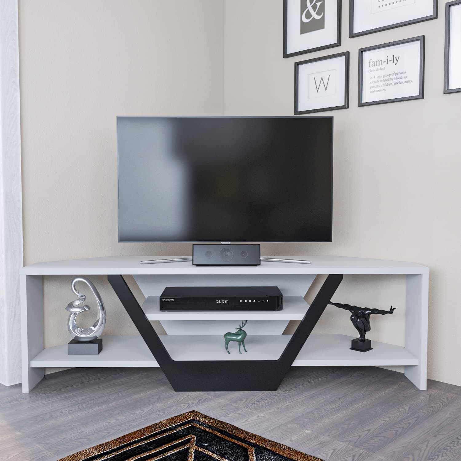 Sares 47" Corner TV Stand for Up to 55" TVs (White/Black)