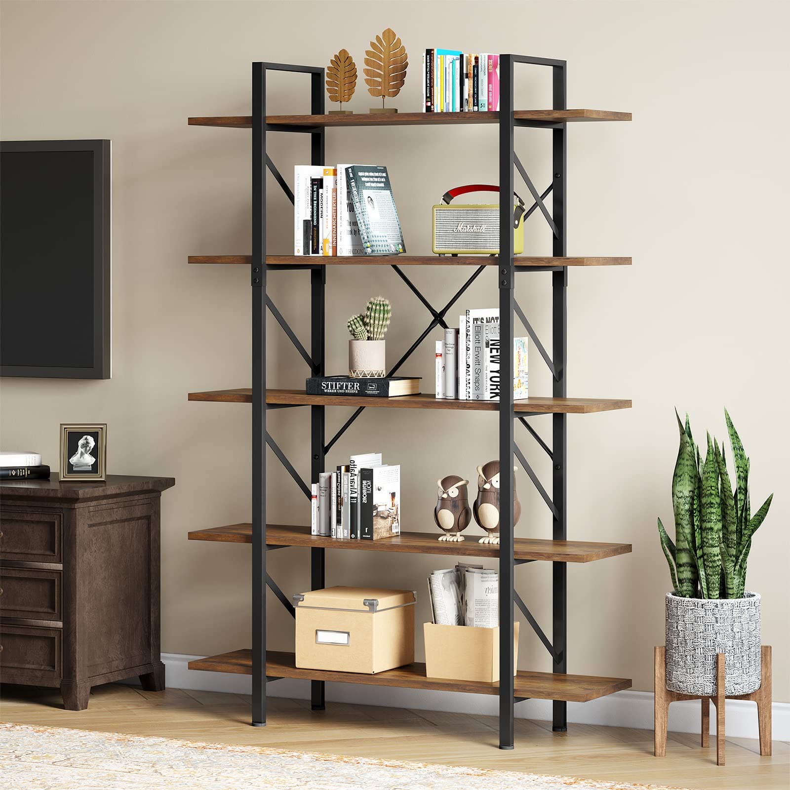 YITAHOME 5 Tier Industrial Brown Bookshelf, Large Storage Organizer for Living Room, Bedroom, Home Office