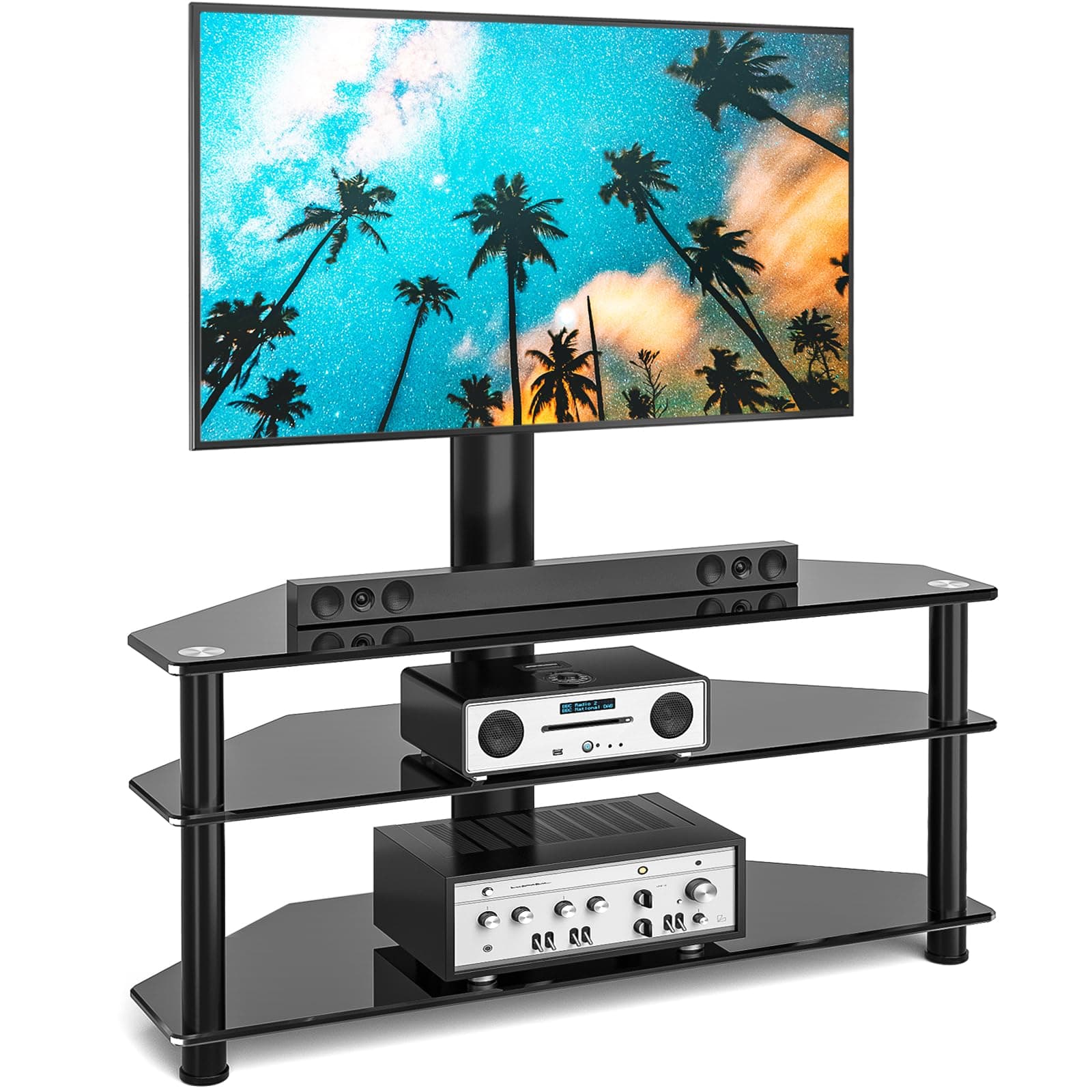 Swivel Glass TV Stand with Mount for 32-70 Inch Screen TV, Height Adjustable Entertainment Center