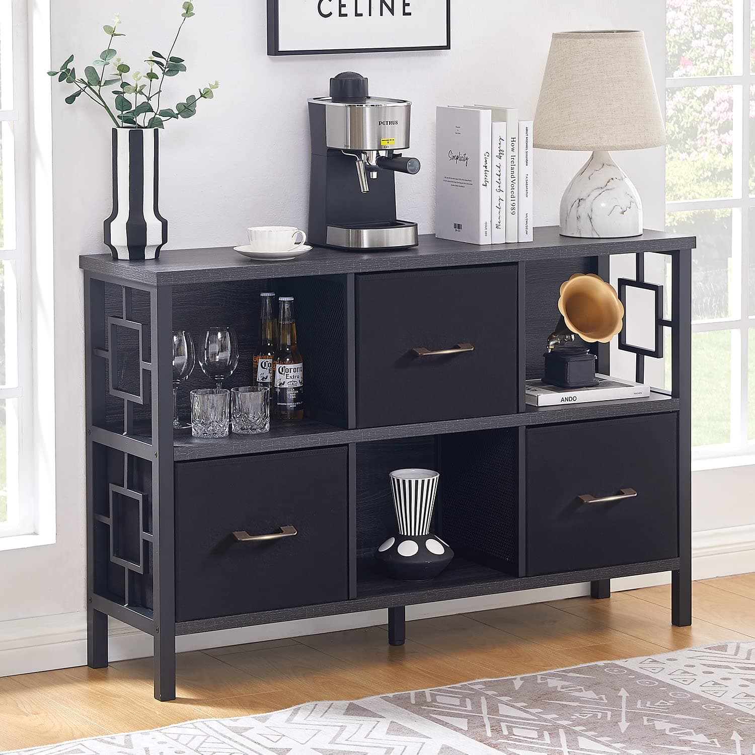 Industrial Cube Storage Organizer with Foldable Bins, Metal Frame Bookshelf for Living Room and Office, Grey
