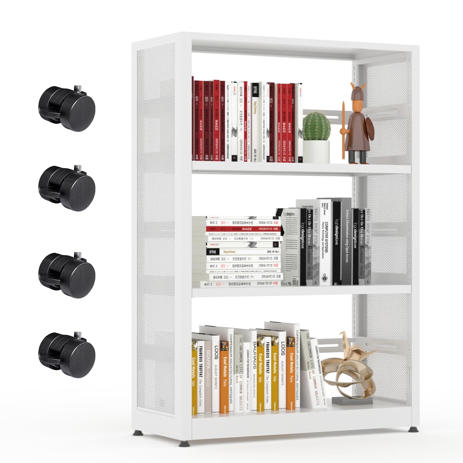 3-Tier Metal Storage Shelves with Wheels, Adjustable Feet, and White Finish