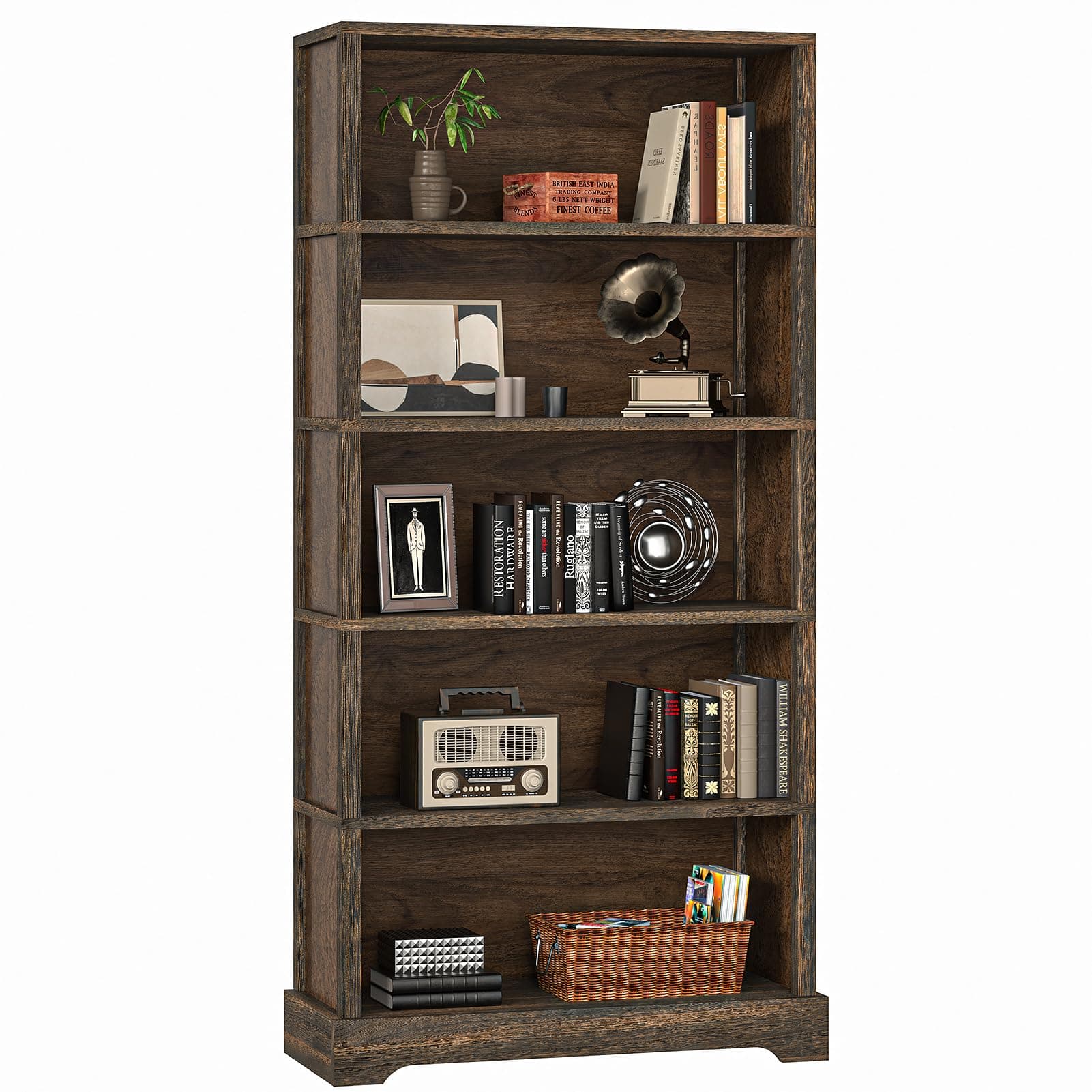 Rustic Brown 5-Shelf 65" Tall Bookshelf with Storage
