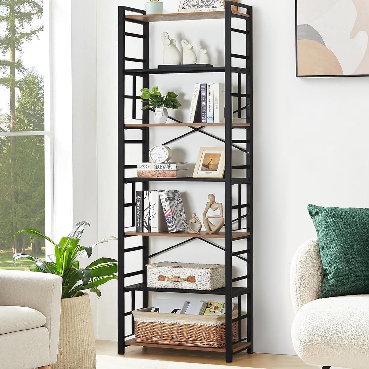 HOMBAZAAR 7 Tier Industrial Metal Bookcase, 84 Inch Tall, Brown
