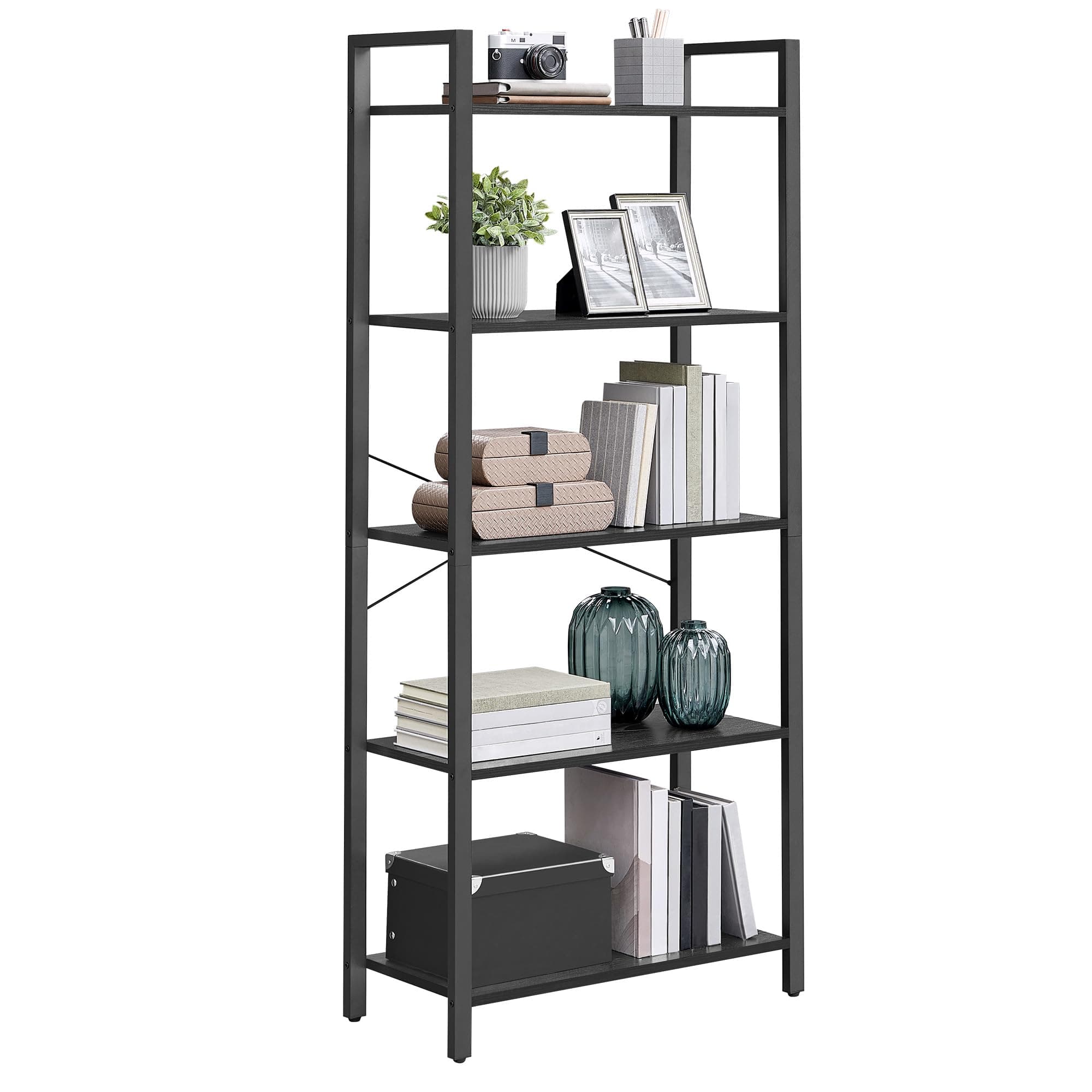VASAGLE 5-Tier Industrial Style Bookshelf, Ebony & Ink Black, Living Room, Home Office ULLS061B56