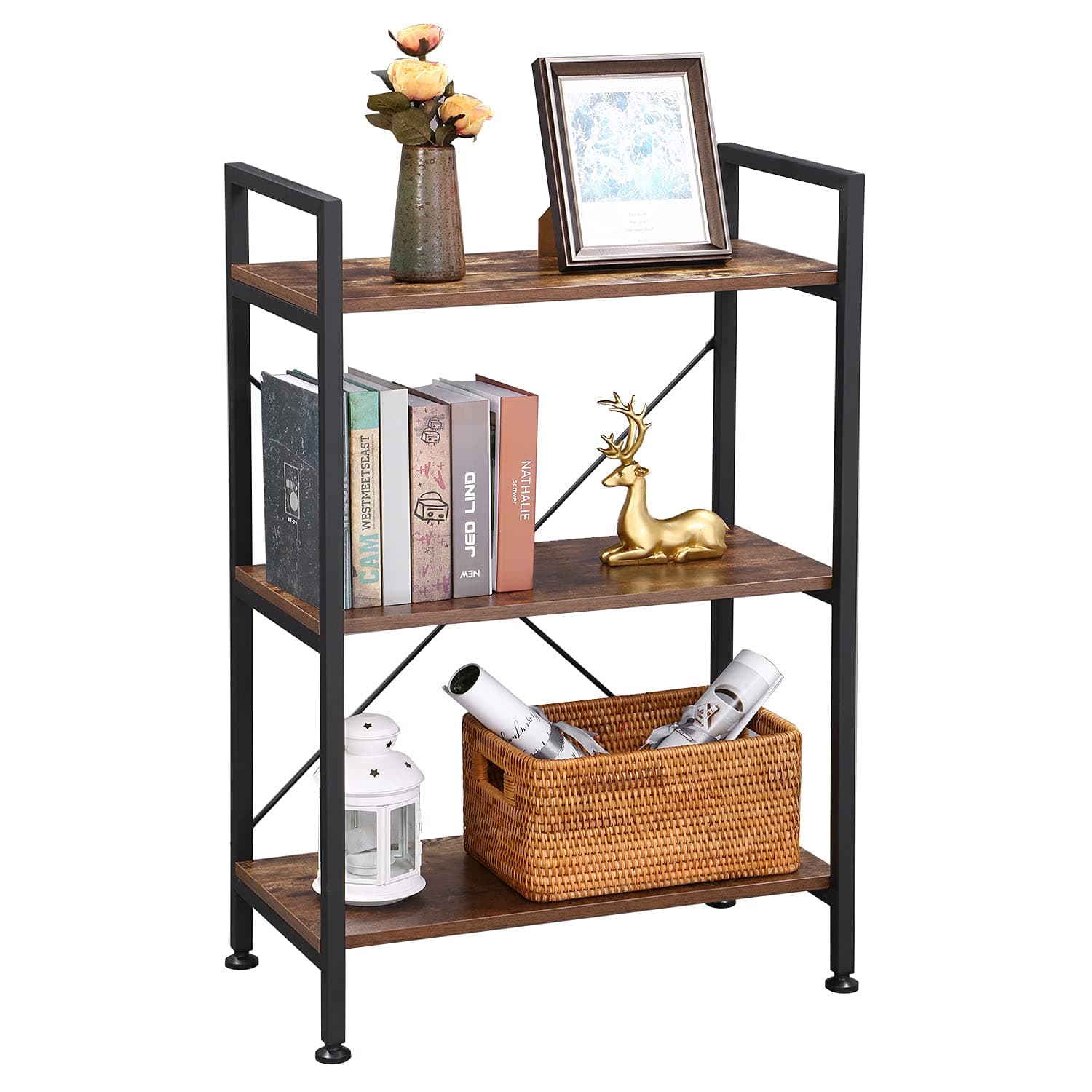 BEWISHOME 37" 3-Tier Rustic Brown Bookshelf for Small Spaces