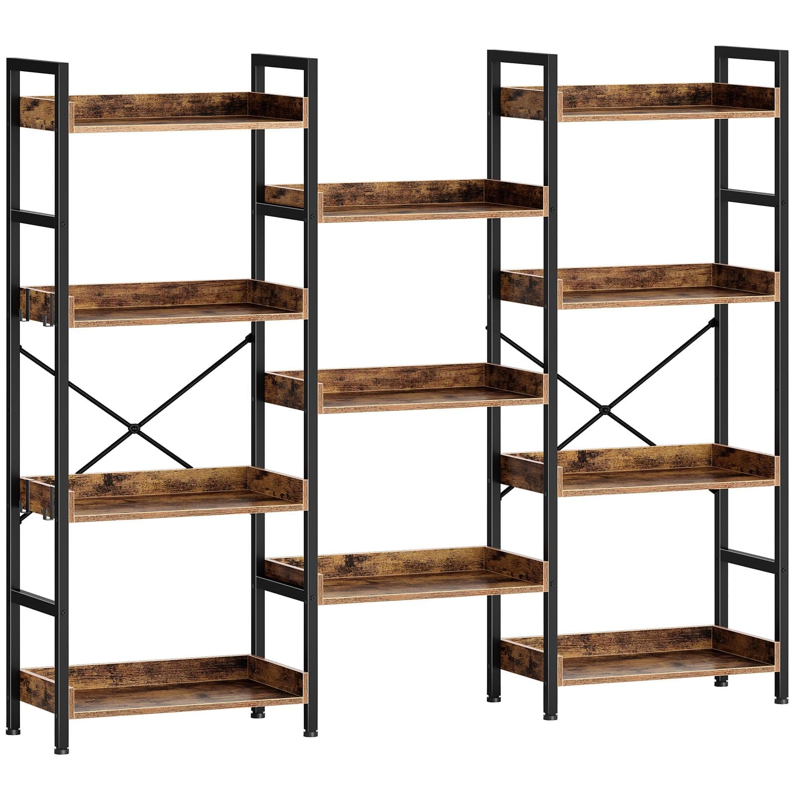 Rolanstar Industrial Wide Bookshelf with Metal Frame, Rustic Brown, 4 Tiers + 4 Hooks