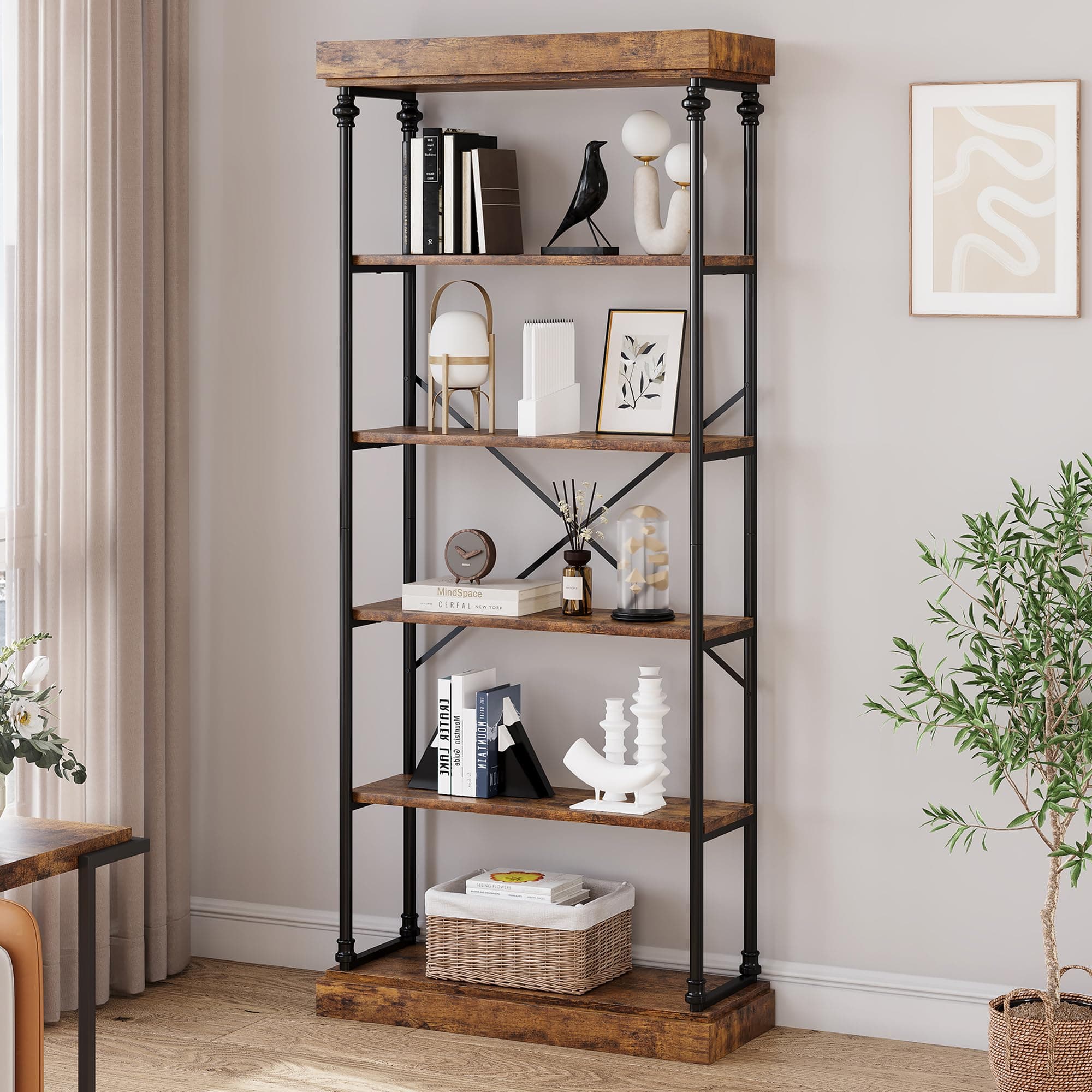 Vintage Industrial 6-Tier Wood Bookshelf Tall Display Rack