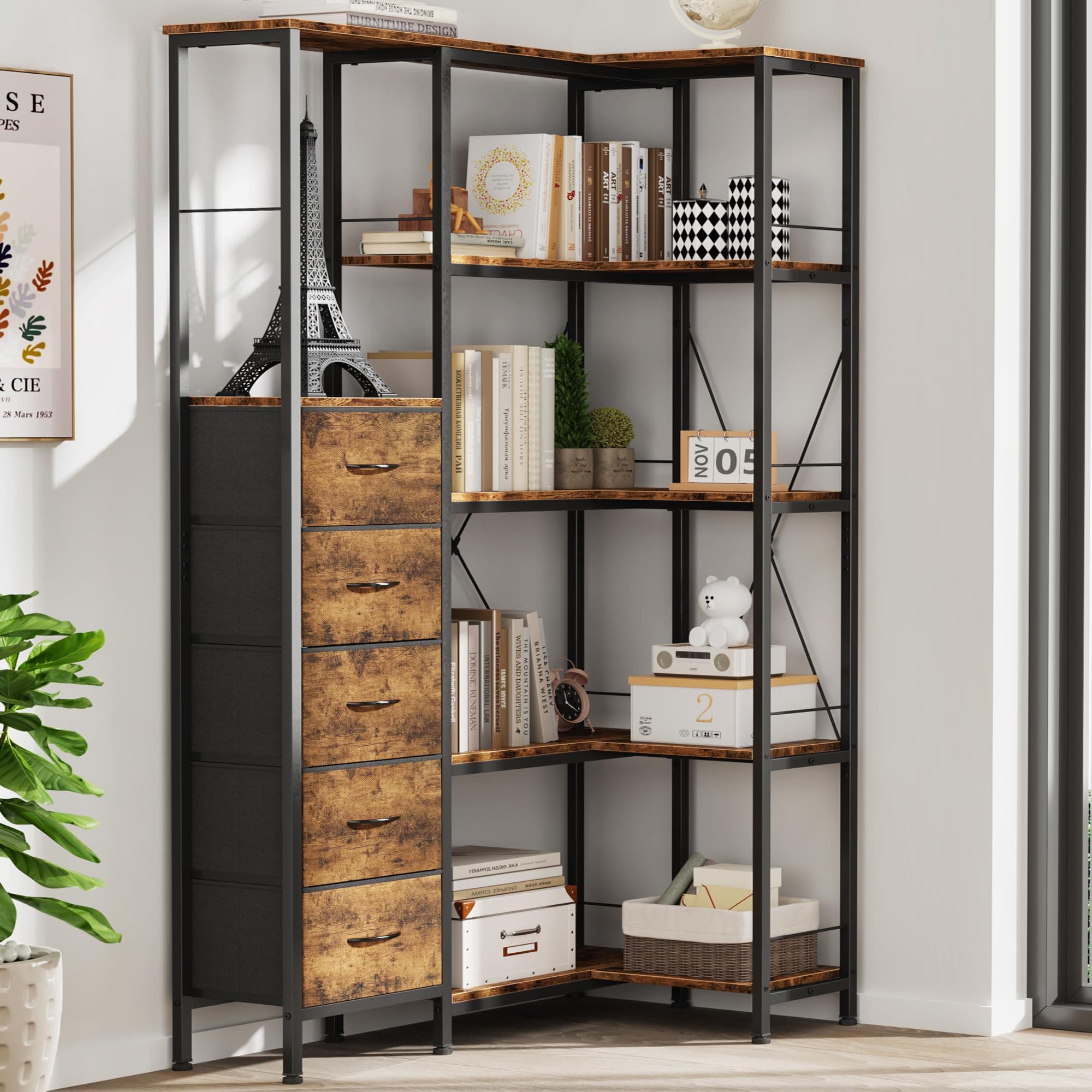 Industrial Convertible Corner Bookshelf with Drawers & Display Shelf, Large Wood Shelf in Rustic Brown