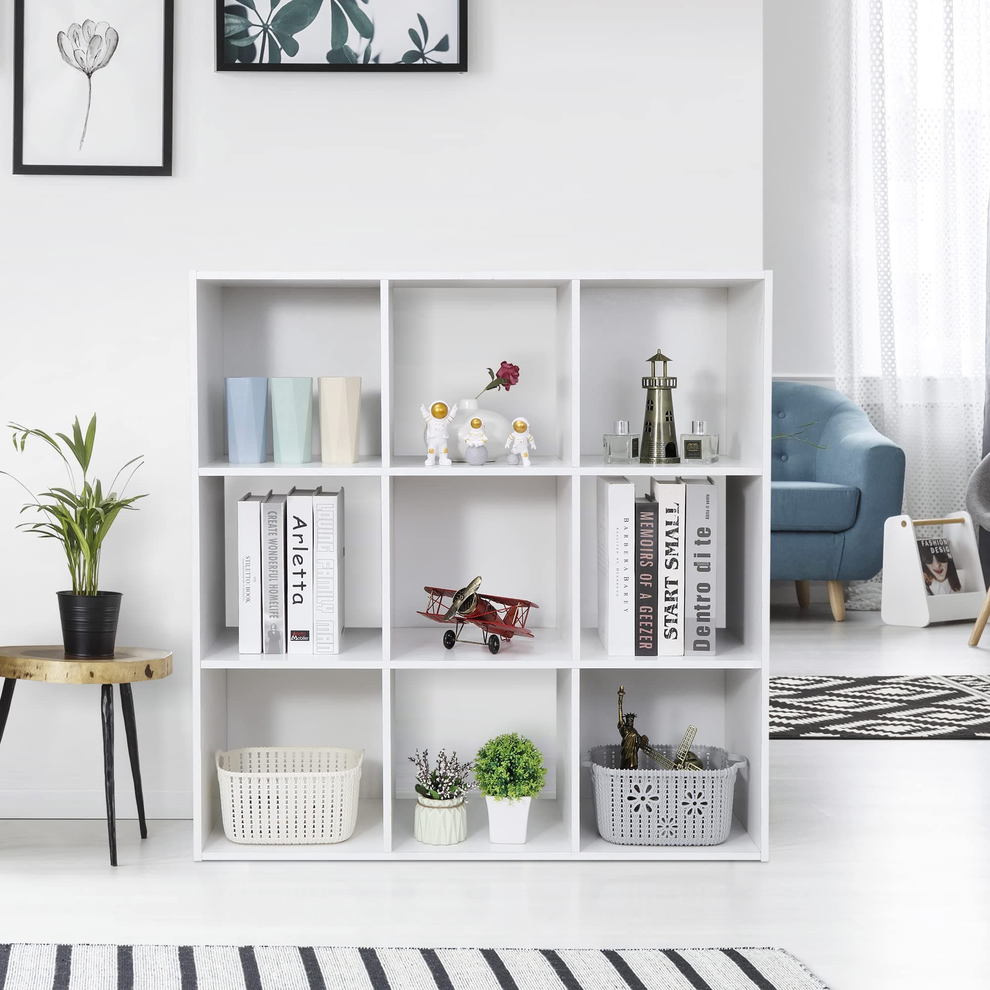 White Freestanding 3-Tier Open Wood Cube Storage Shelf with 5 Removable Panels