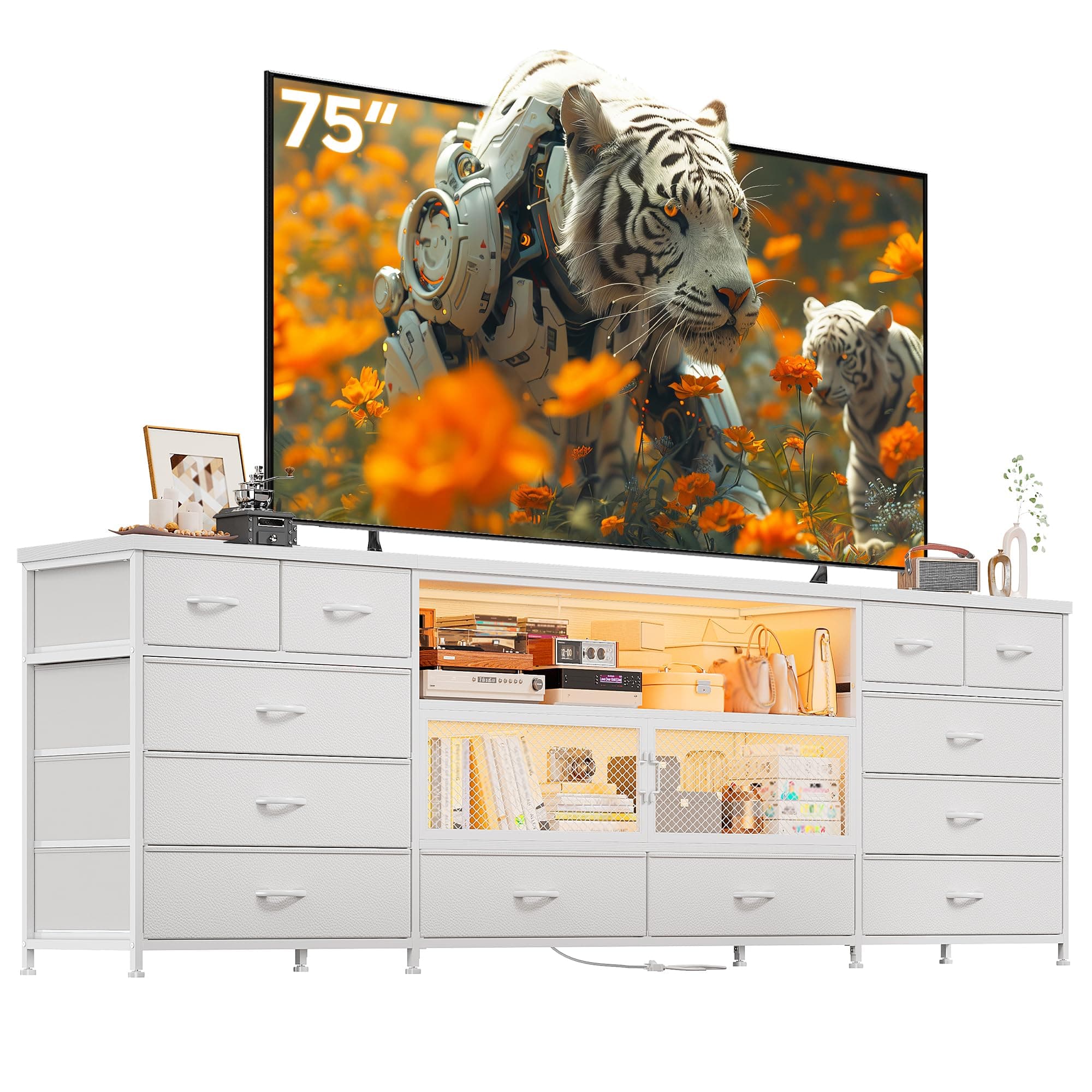 EnHomee 71" TV Stand for 85/80/75 Inch TVs with LED & Charging, Large White Console