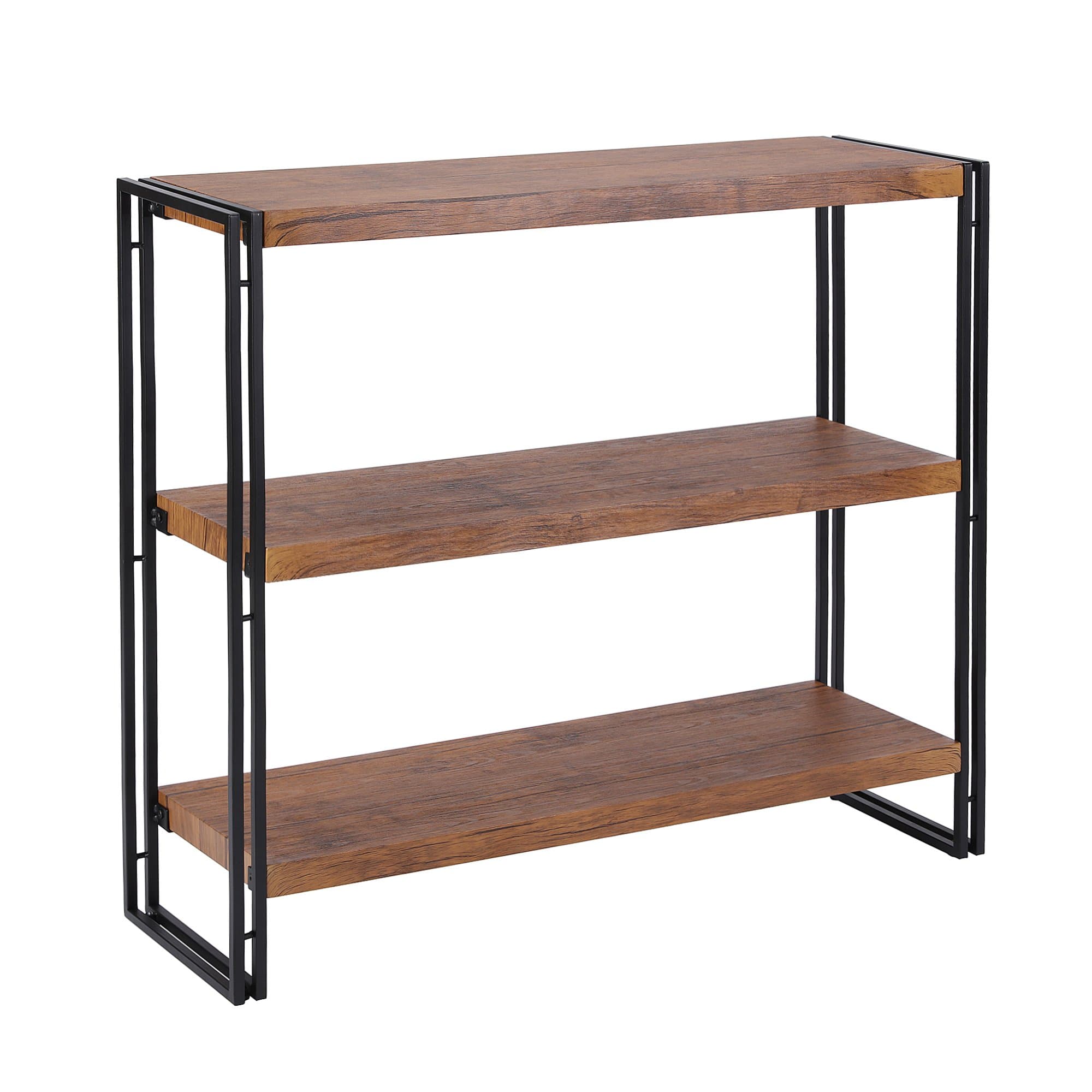 Rustic Industrial 3-Tier Bookshelf, Brown Wood and Metal