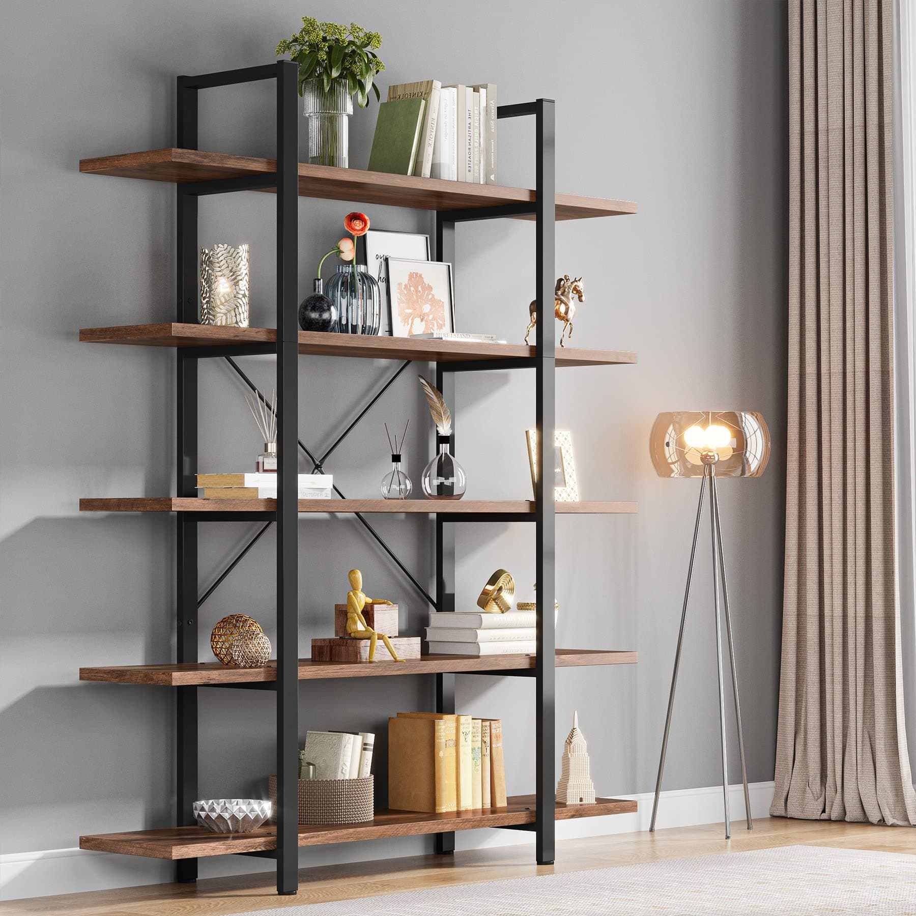 Tribesigns 5-Tier Vintage Industrial Bookshelf 72H x 12W x 47L
