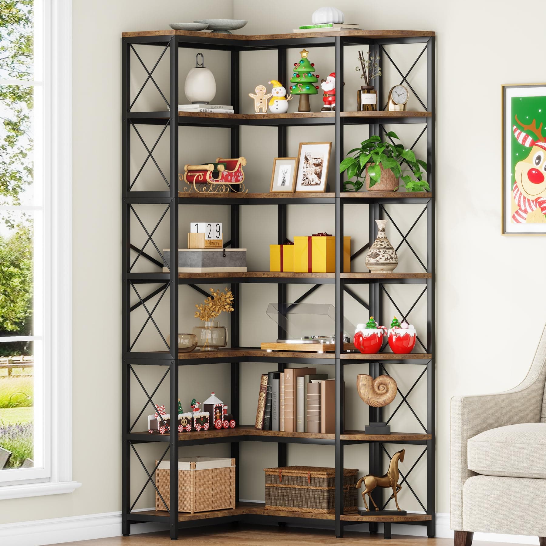 Modern Industrial 7-Shelf Reversible Corner Bookshelf with Metal Frame, Rustic Brown for Living Room, Home Office, Bedro