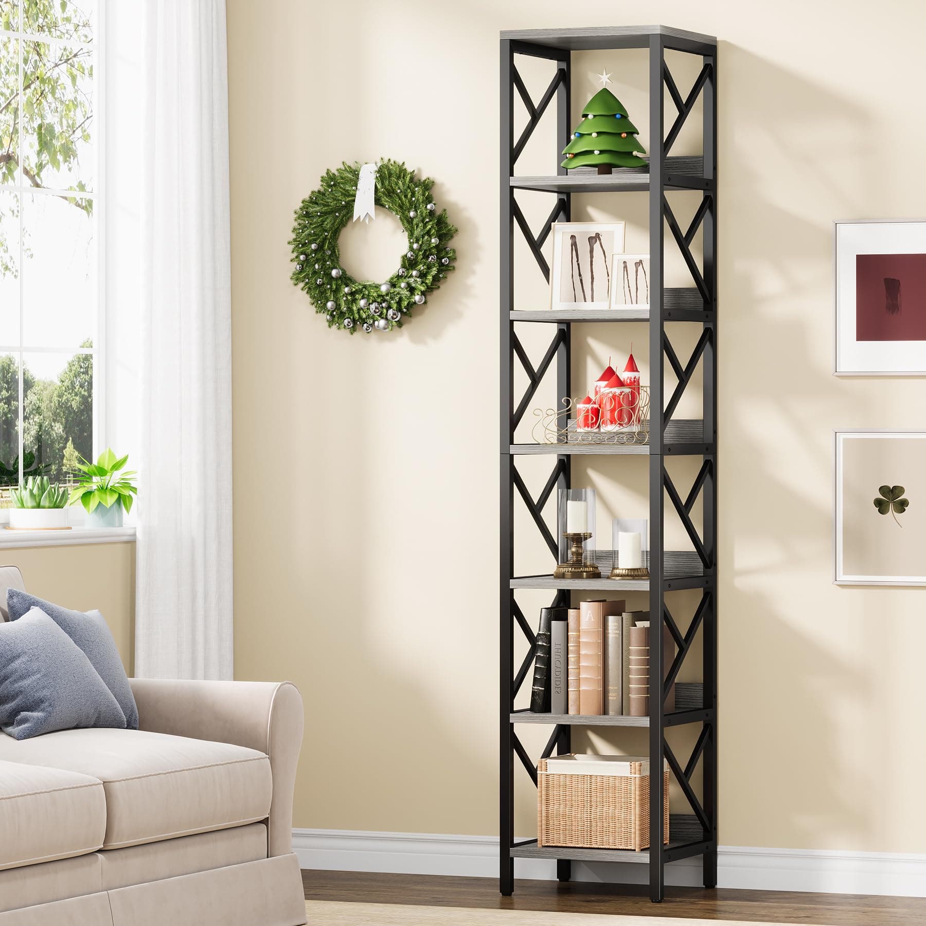 Extra Tall Narrow 78.7 Inch Bookshelf, 7 Tier Gray Brown Storage Organizer for Home Office