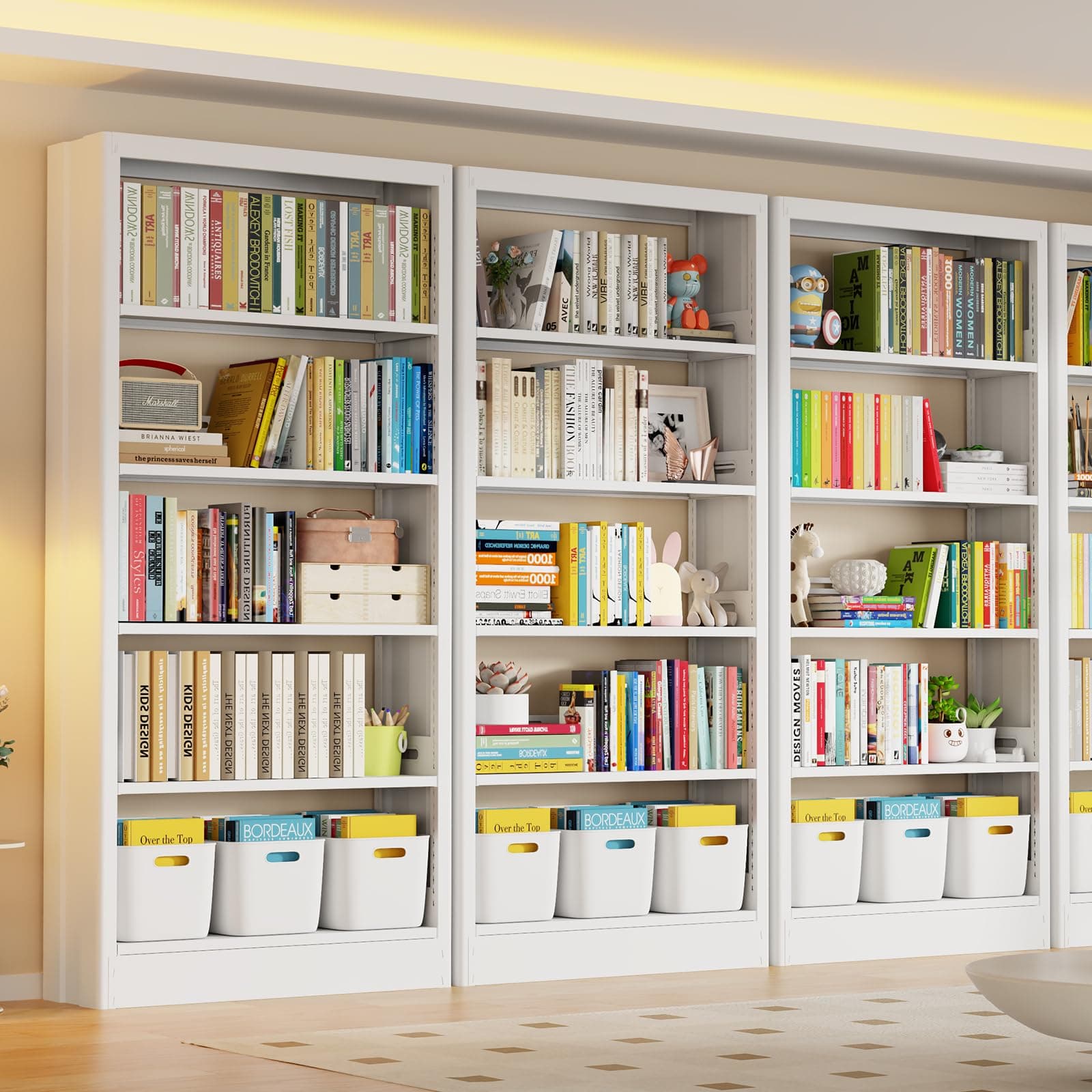 71" Tall Metal White Bookshelf with Adjustable Shelves, 5-Tier Heavy Duty, Modern Library & Living Room Book Case
