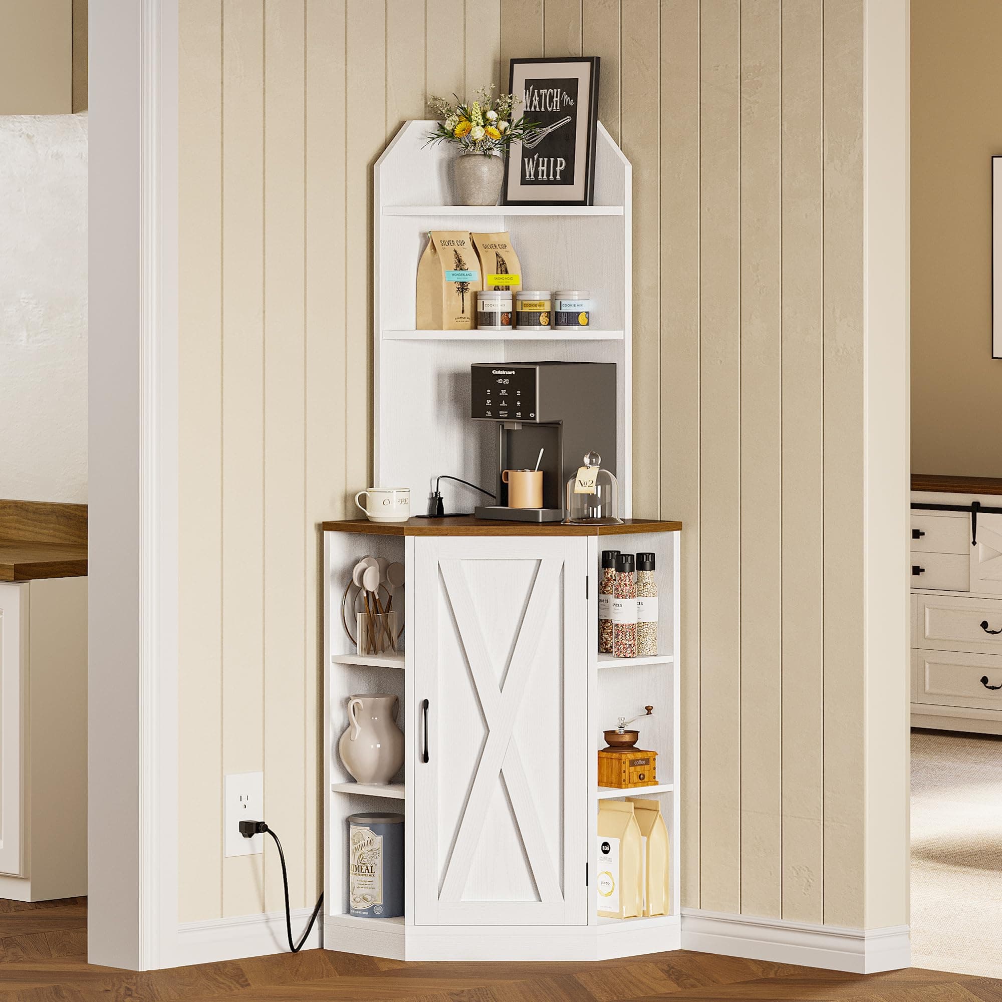 IRONCK White Farmhouse Corner Cabinet with 2 Doors 3 Shelves & Charging Station