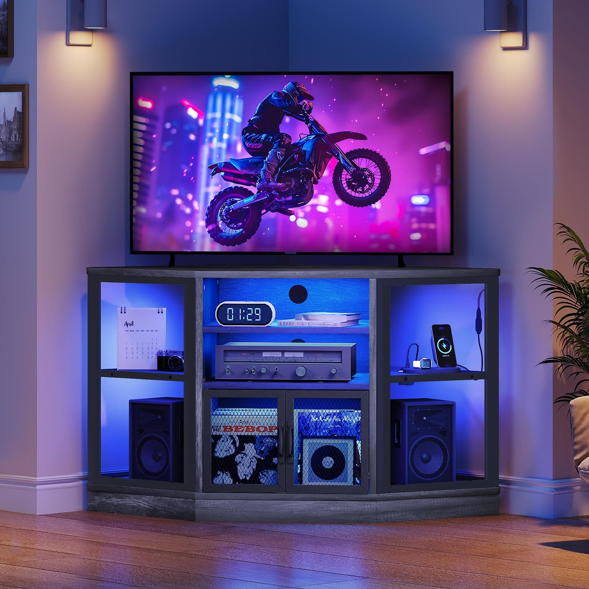 YITAHOME Corner TV Stand with LED Light, 19.7" D x 47" W x 28" H, Grey