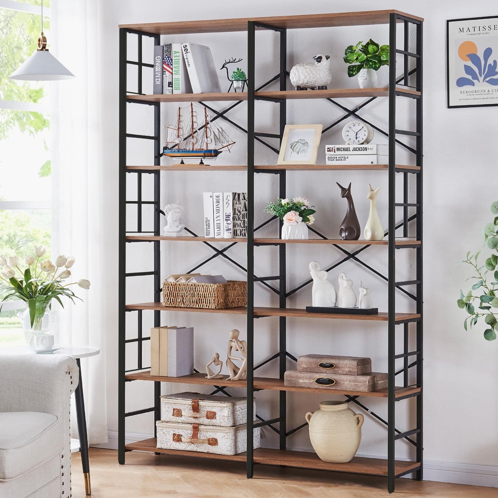 Industrial Double Wide Bookshelf for Home Office and Living Room Storage, 7-Tier, Rustic Brown