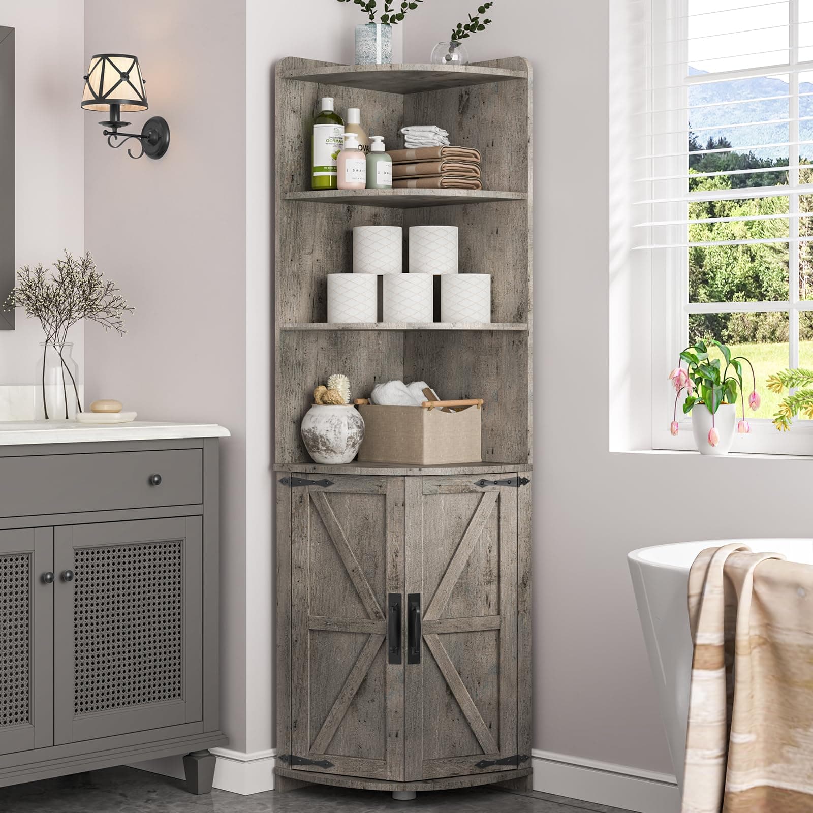 Vintage Grey Farmhouse Corner Cabinet with Barn Doors, 6 Shelves, 65.16" Tall