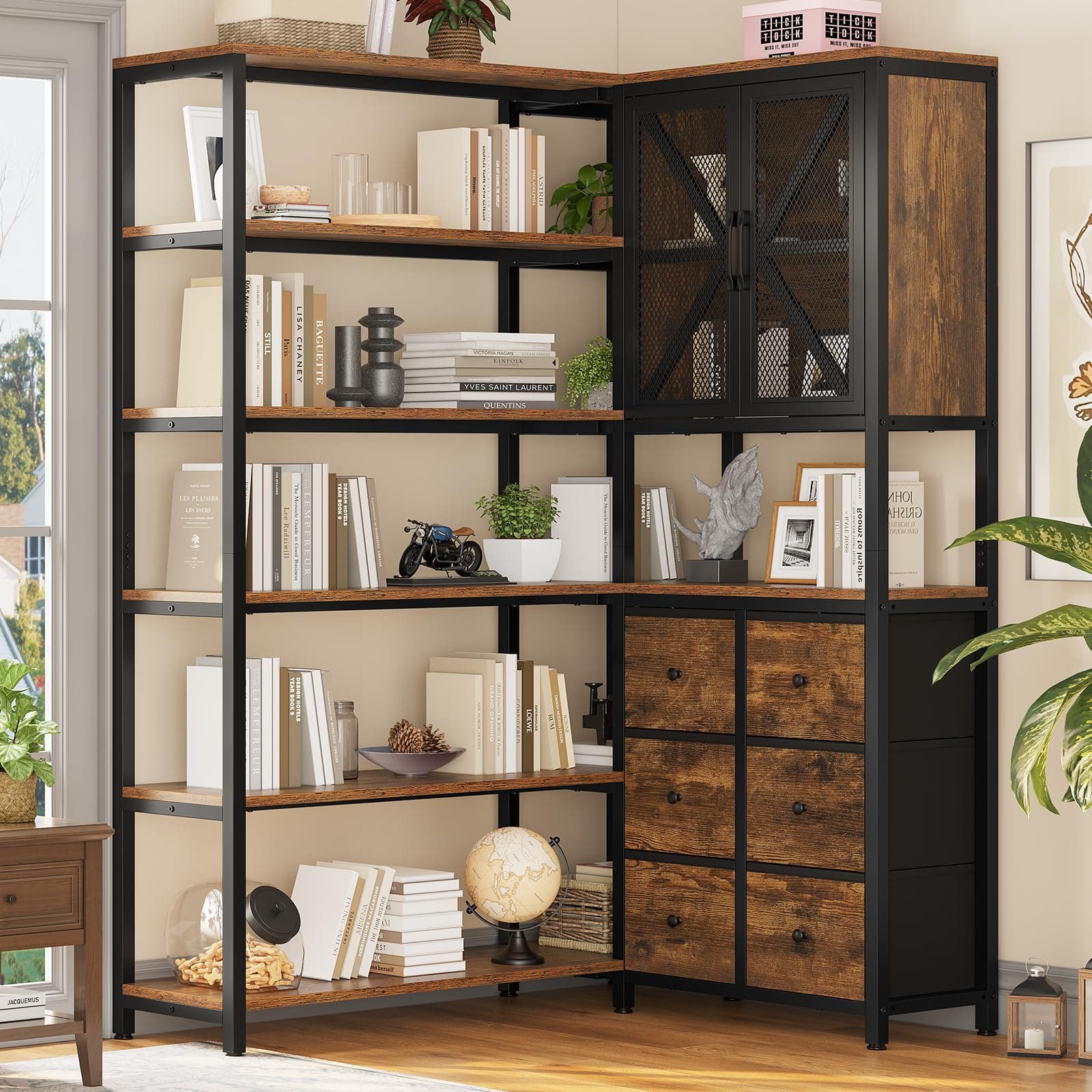 Industrial 6 Tier Bookshelf with Fabric Drawers - Large Corner L-Shaped Shelf - Rustic Brown