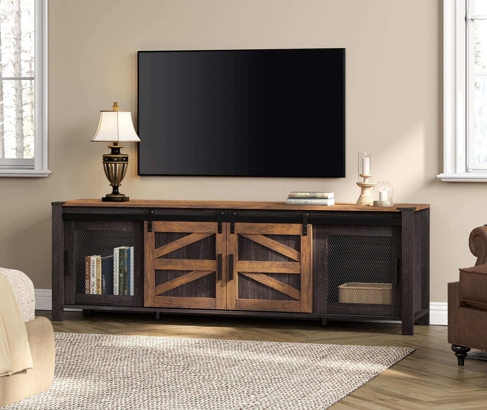 Farmhouse TV Stand for up to 75 inch TV with Sliding Barn Door