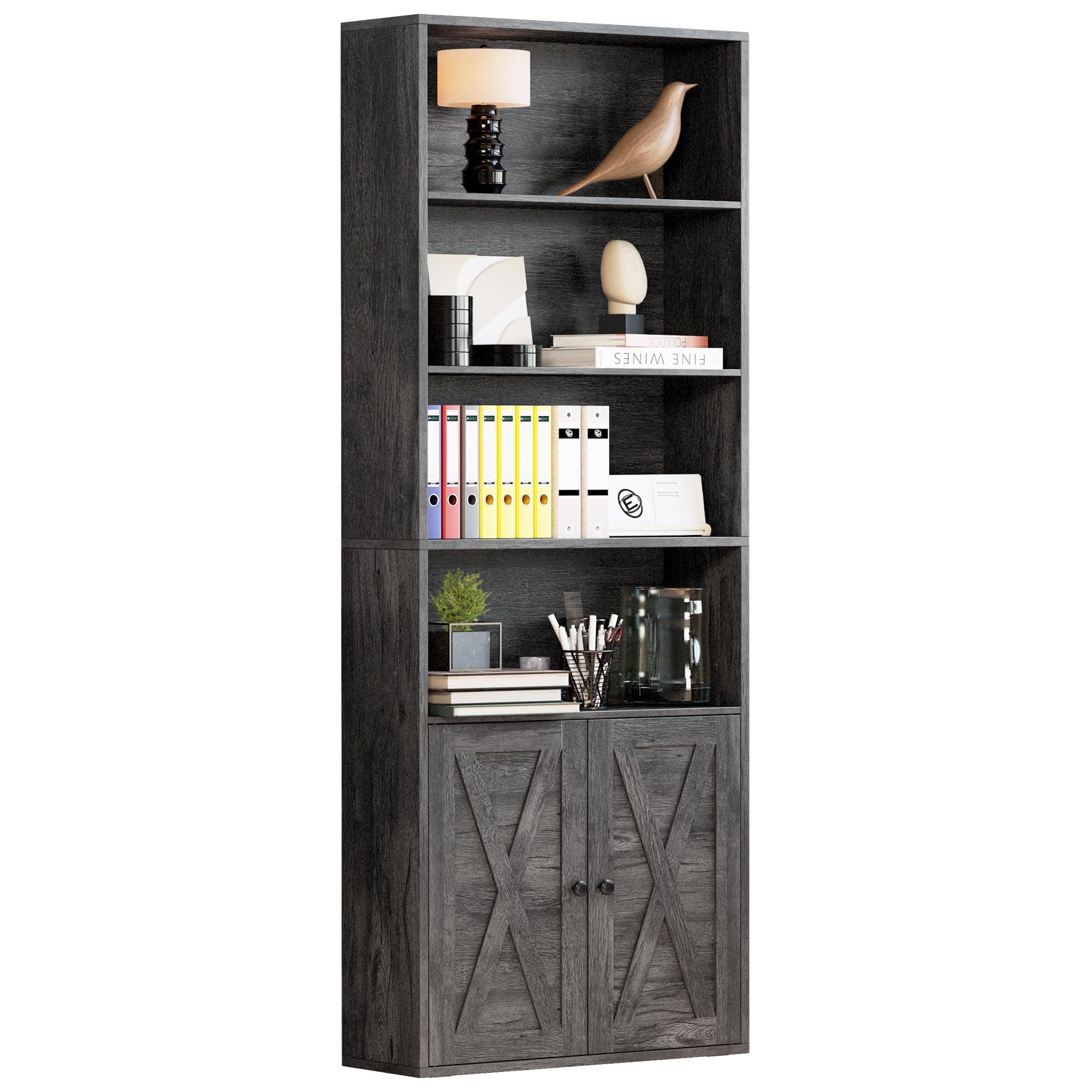 IRONCK Floor Standing 6 Shelf Bookcase with Doors 70 in Tall Home Office Living Room Storage