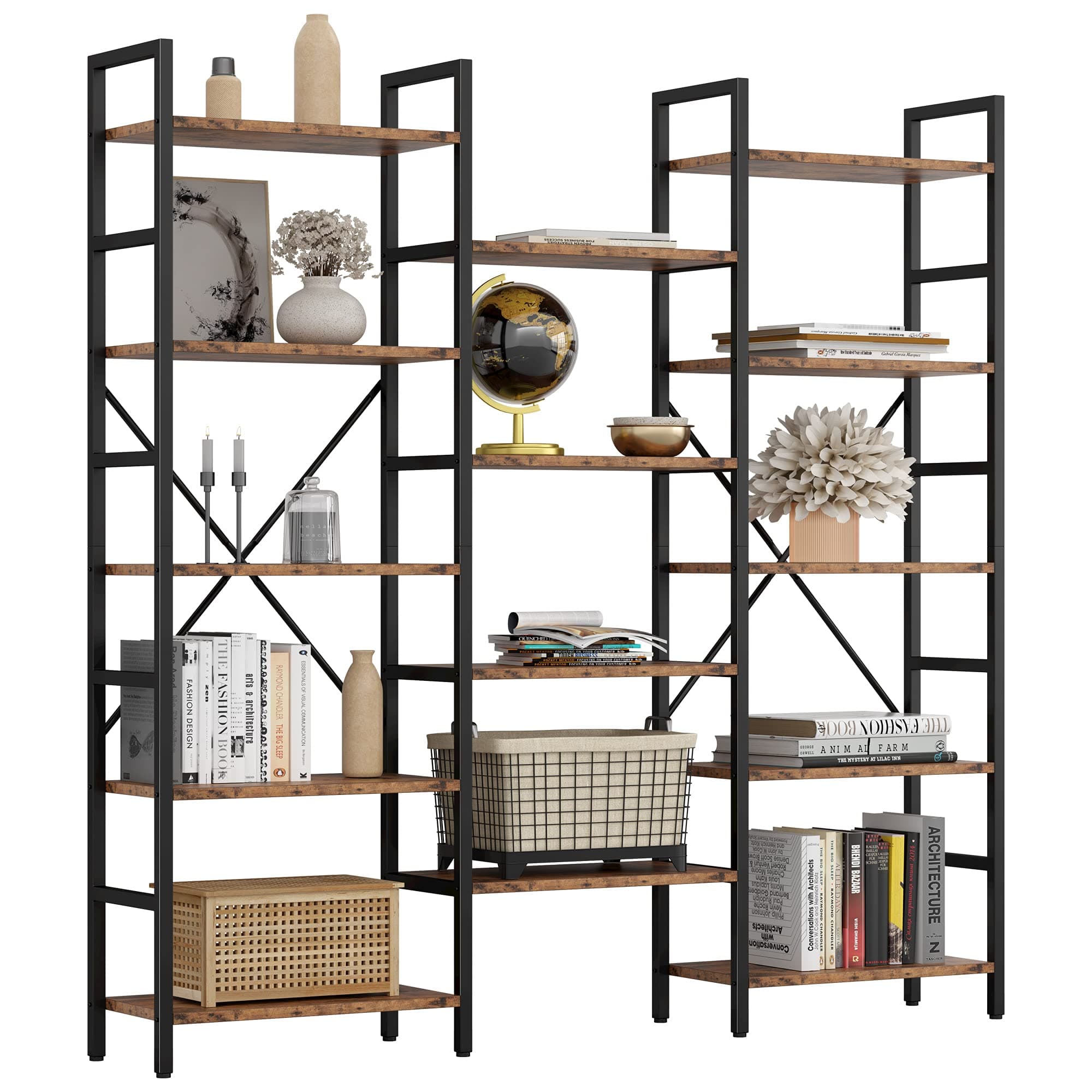 IRONCK Triple Wide Industrial Bookshelf, 5 Tiers Open Display Metal Frame
