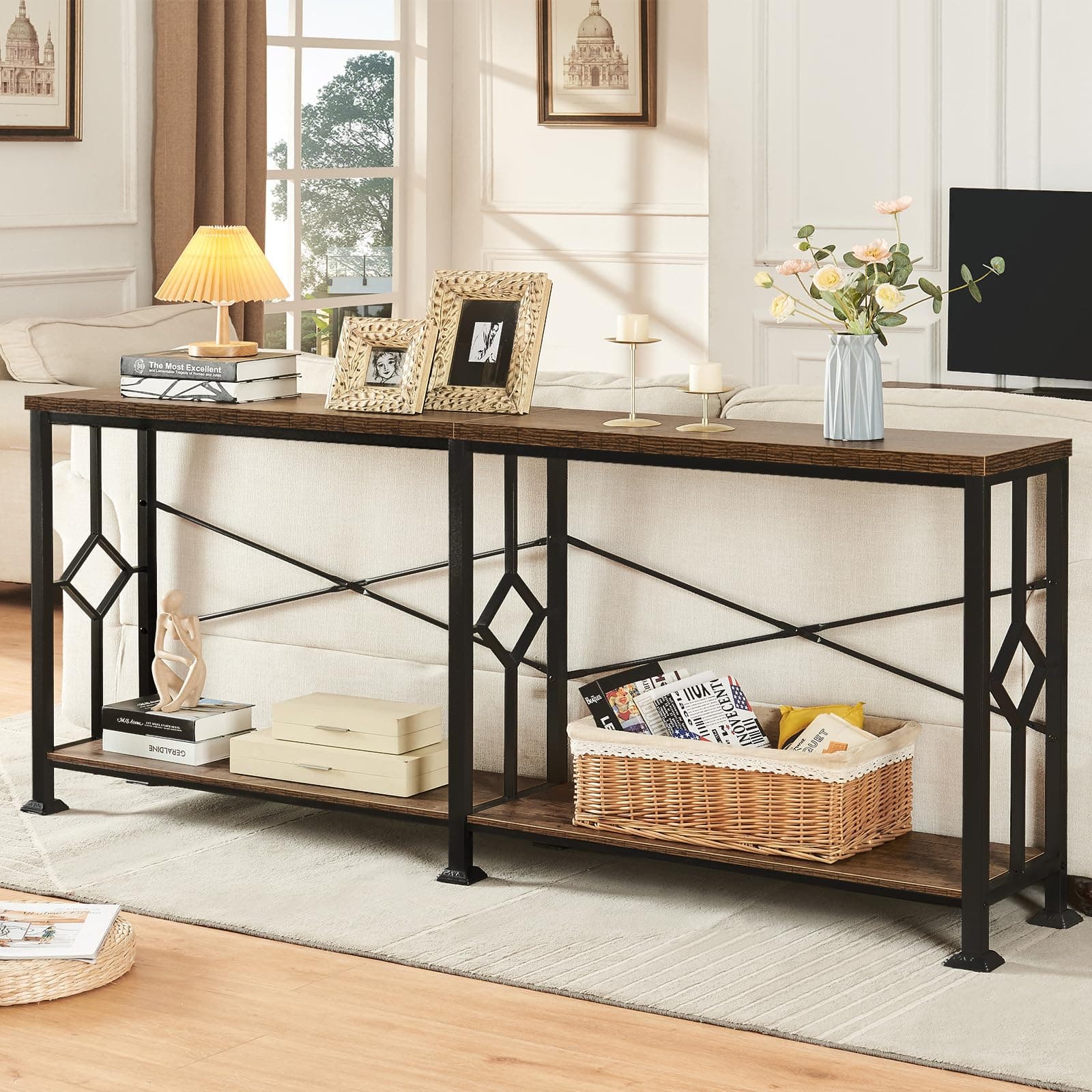 HOMISSUE Industrial Narrow Console Table with Storage for Hallway and Living Room, Rustic Brown